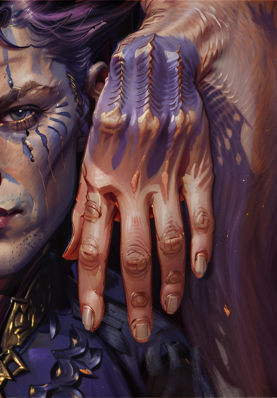 (((Masterpiece))), (((Best Quality: 1.4))), ((Super Detail: 1.4)) , hyper detailed gouache painting of warrior Tiefling male hand:1.5, masculine hand, hyper realistic body features, natural purple skintone:1.5, hyper detailed muscles, detailed textures, scars:1.5, tattoos, natural skin shader, ultra High resolution, exact anathomy, symmetry, glossy overlay