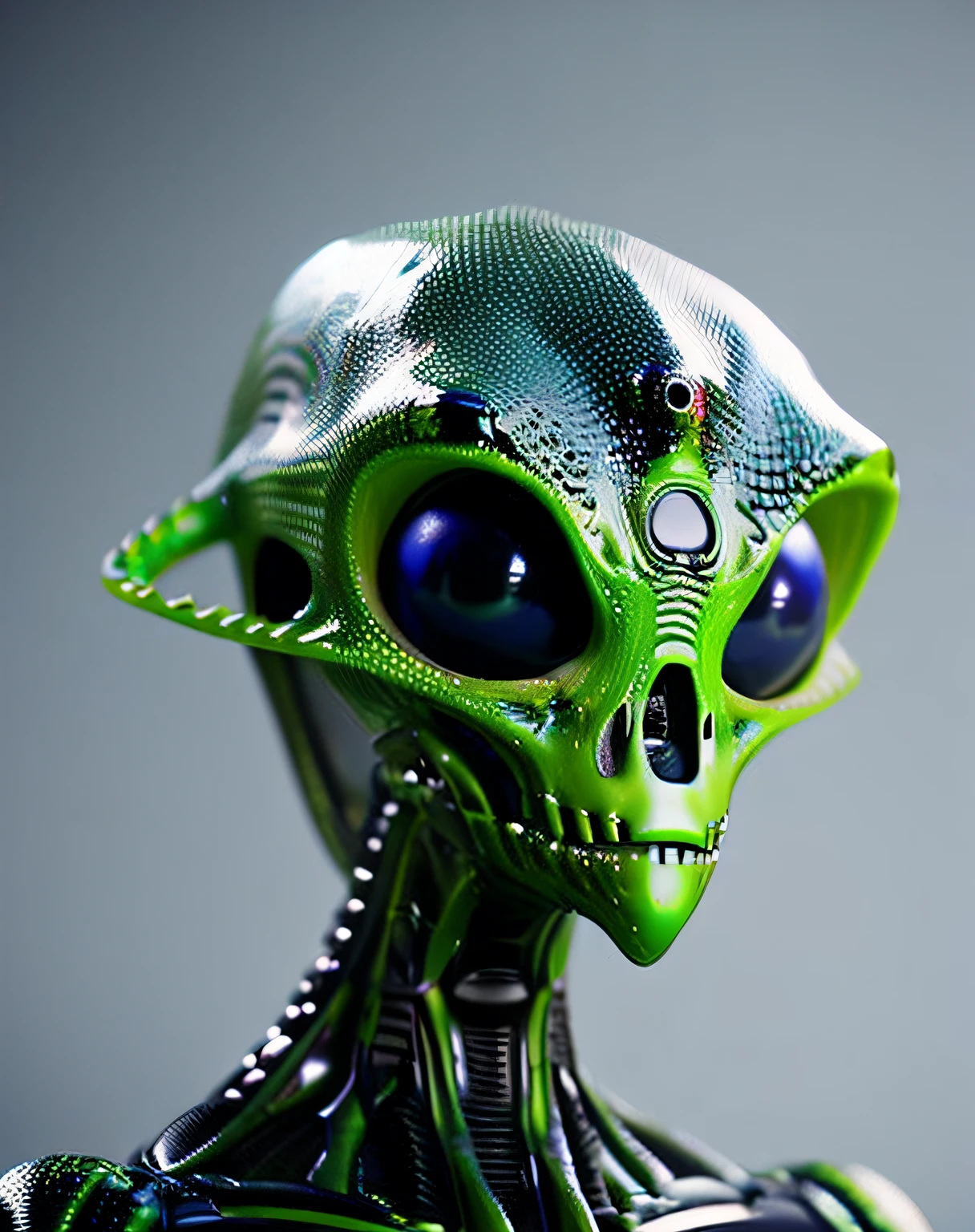 fking_scifi_v2,
portrait of an alien,
large eyes, slick skin,
slime,
80mm, f/1.8, dof, bokeh, depth of field,
subsurface scattering, stippling