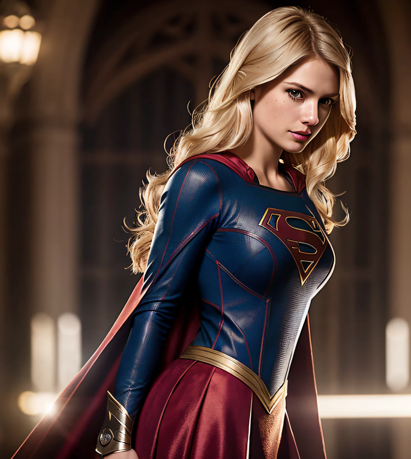 supergirl costume, a photo of blonde woman, ((detailed face)), ((canon m50)), ((award-winning)), (high detail), Sharp, 8k, Cinematic lighting, soft lighting, greg rutkowski, trend in artstation, intricate, gothic clothes, victoria secret, neckline, tight breasts, corselet