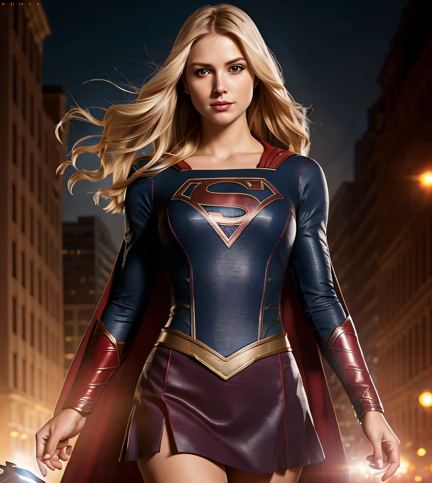 supergirl costume, a photo of blonde woman, ((detailed face)), ((canon m50)), ((award-winning)), (high detail), Sharp, 8k, Cinematic lighting, soft lighting, greg rutkowski, trend in artstation, intricate, gothic clothes, victoria secret, neckline, tight breasts, corselet