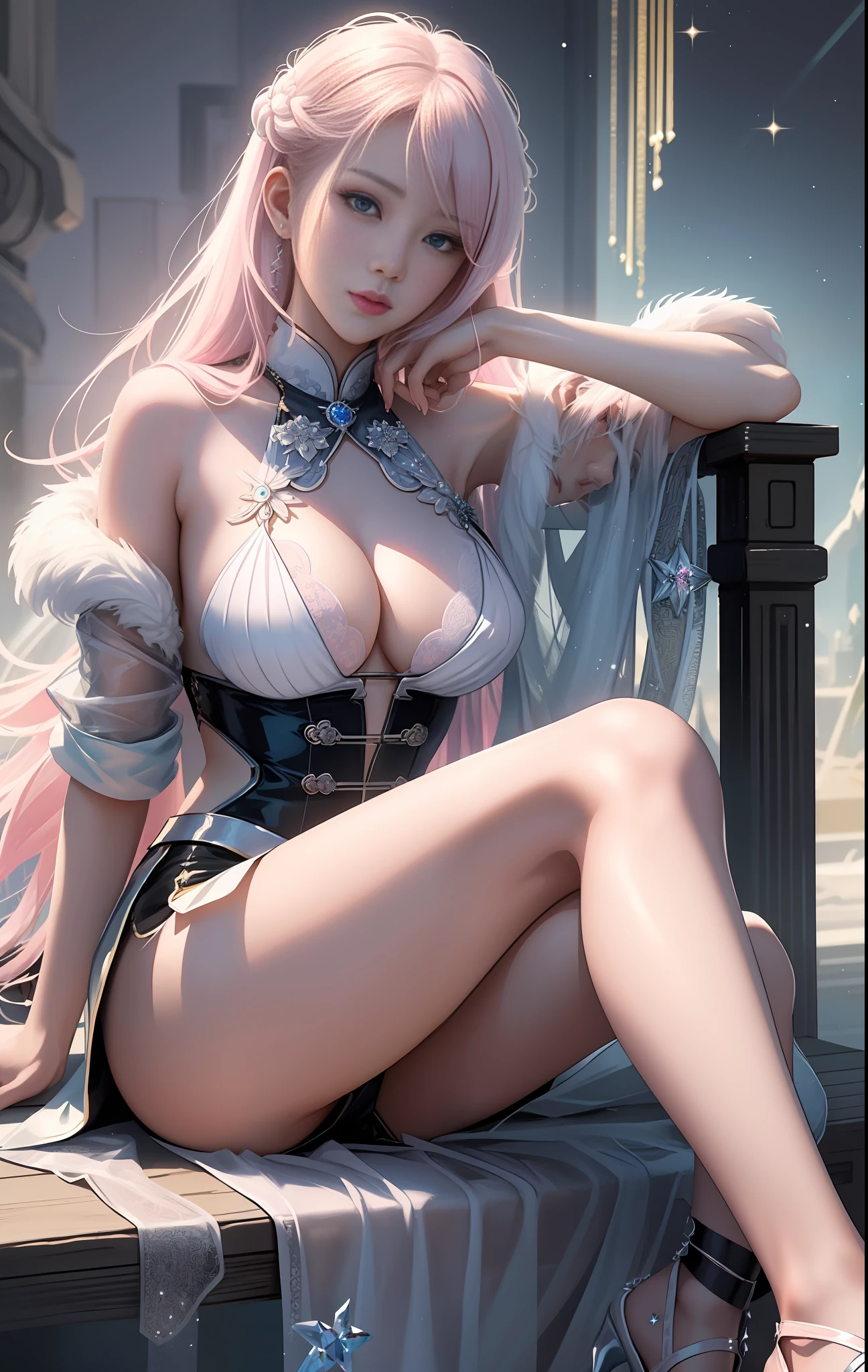 Inside the high-definition palace is an anime girl with white pink gradient hair, like Artgerm's perfectly detailed CG artwork on the ArtStation Pixiv, or the digital animation art created by Guviz on the Pixiv Art Station. She pursues her digital art dream, depicts a unique style in the trend of anime illustration, delicately presents the beauty of digital animation art, standard legs and feet, pure lust for girls, youthful vitality, beautiful face, charming, heroic, cold, European and American girls, Long flowing hair, evil expression, blush, White pink gradient hair, perfect body, plump, mature, Light blue-green big eyes, delicate clothes, Xiaohongshu Internet celebrity pop style, watery eye color, crystal clear makeup, glitter on the face, Dynamic Composition, Elevation Angle, Cinematic Angle, Backlit Angle, Side Angle, Tilt Angle, Contour Angle, Backlit Angle, Soft Light, Warm Light, Highlight Effect, Digital Painting, Hand Drawn Style, Dream Background, Pastel Tones, Vivid Colors, High Precision Detail, Fine Texture, Sweet Style, Western Style, Clear Rendering, Realistic Rendering, Large Aperture Effect, Soft Focus Effect, Gloss Material, Pastel Material, Western, Shinkai Makoto Style, Fashion Magazine Illustration Style, Unique Creative Style, Natural Pose, Cute gestures, Chinese Tang Dynasty background , comfortable settings, high resolution, clear lines, realistic skin tone, real lighting and shadow effects, colorful light, ripple refraction, Chinese dragon, Chinese mythology, gorgeous aristocratic clothes, skin texture, super fine picture, realistic, sky starry twinkle, fog, thick, sexy pose, magic color, magic special effects, Instagram influencer style, 8K, real skin, Wlop ghost knife style masterpiece, Crystal clear water, high-end feeling, cyberpunk, miniskirt, high heels, feet raised to focus on the camera, crystal rules unfold from the body, super many mirrored crystal fragments, reflection, queen pose sitting on a water feature throne, long legs, pe