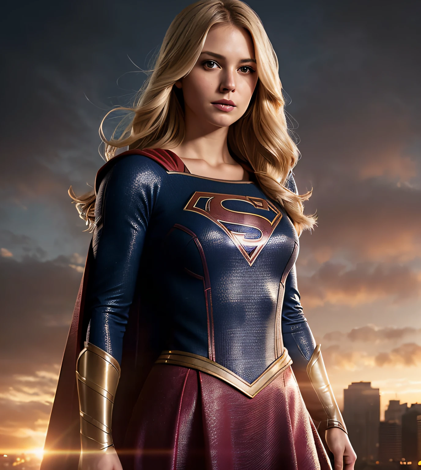 supergirl costume, a photo of blonde woman, ((detailed face)), ((canon m50)), ((award-winning)), (high detail), Sharp, 8k, Cinematic lighting, soft lighting, greg rutkowski, trend in artstation, intricate, gothic clothes, victoria secret, neckline, tight breasts, corselet