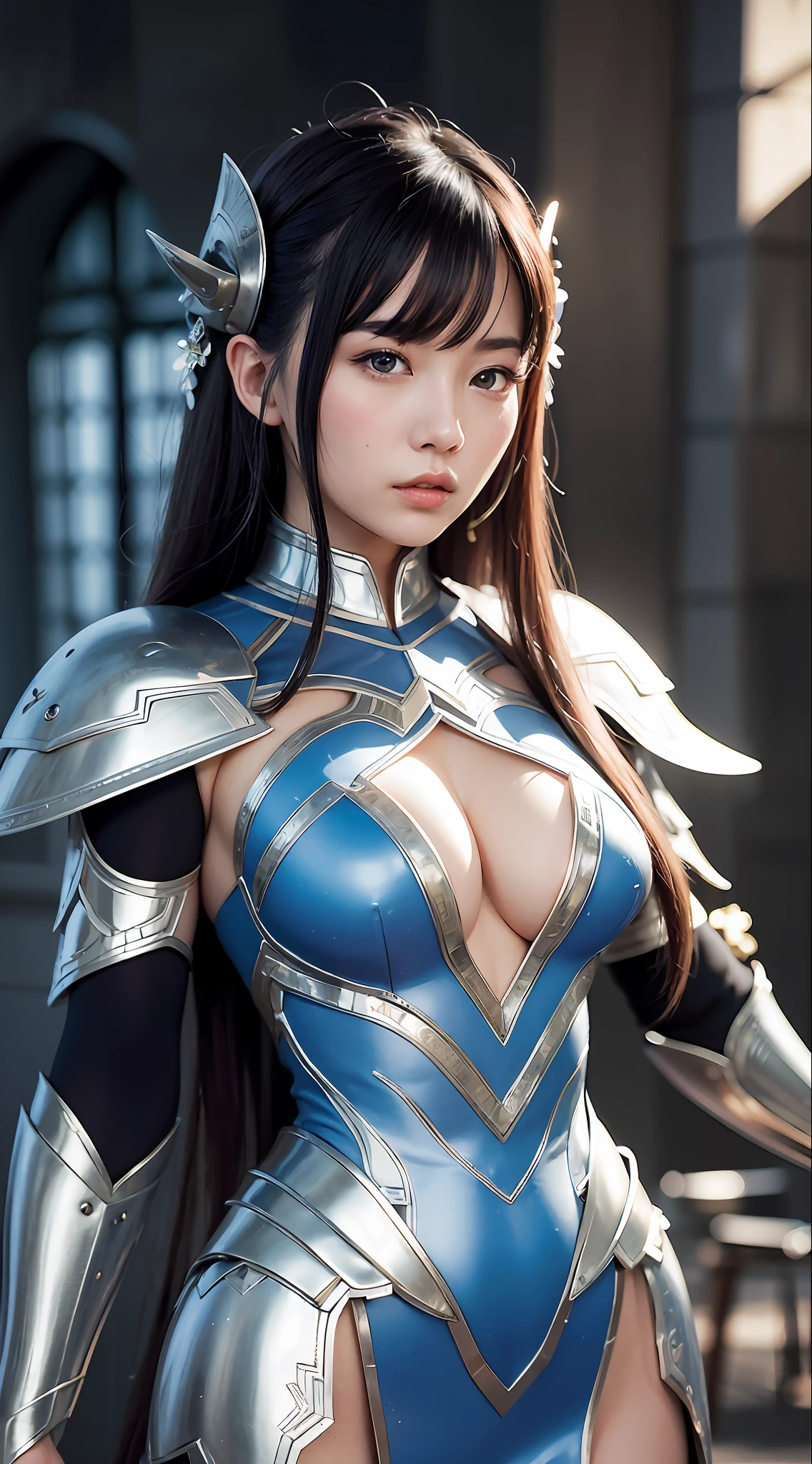 a close up of a woman in a women in a silver and blue dress, chengwei pan on artstation, by Yang J, detailed fantasy art, stunning character art, fanart best artstation, epic exquisite character art, beautiful armor, extremely detailed artgerm, detailed digital 动漫艺术, artstation pixiv 上的 artgerm, armor girl,蕾丝,透视装