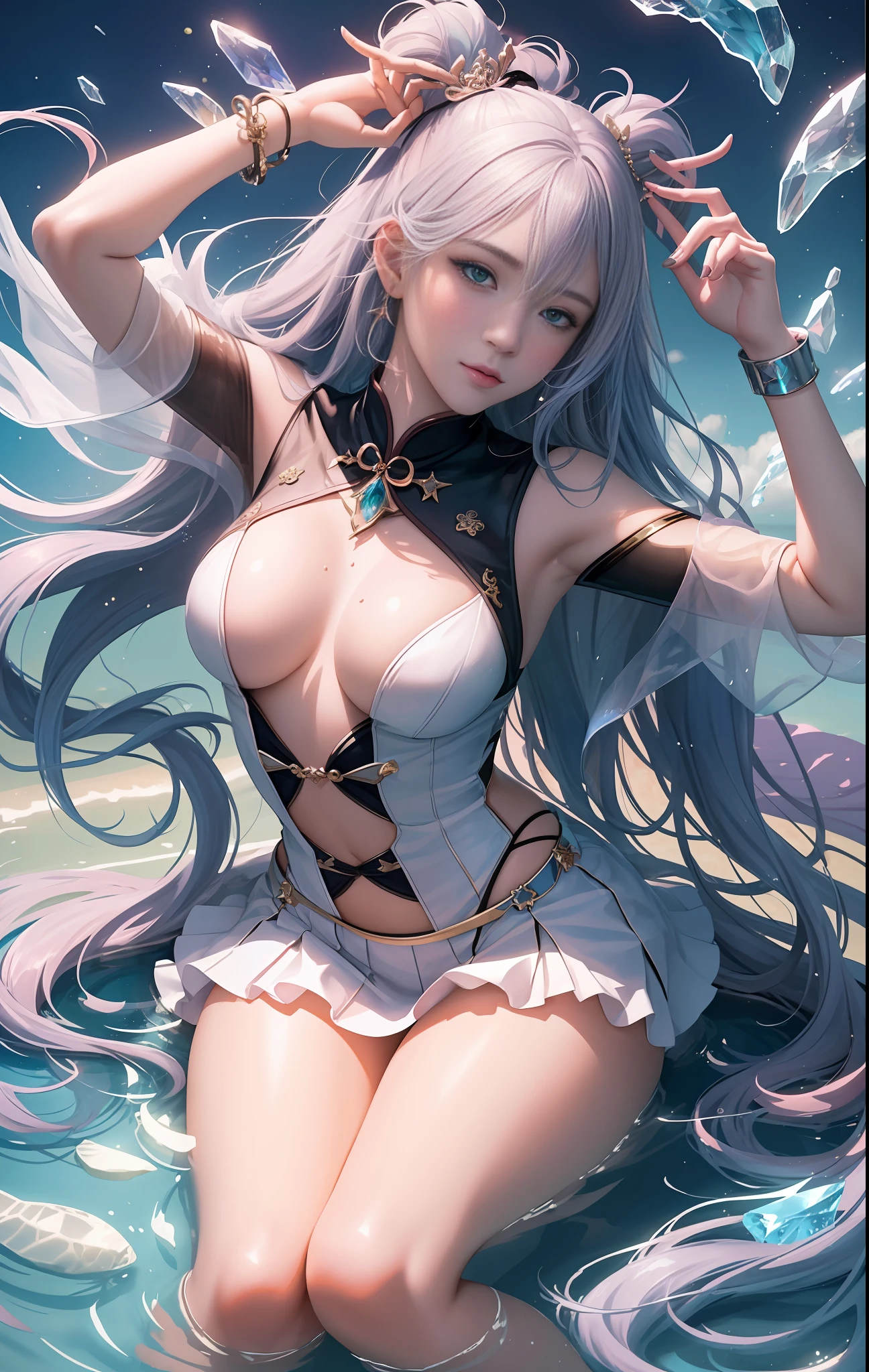 Floating in the high-definition underwater world is a blue-haired anime girl, like Artgerm's perfectly detailed CG artwork on the ArtStation Pixiv, or Guvitz's digital animation art on the Pixiv Art Station. She pursues her dream of digital art, depicting a unique style in the trend of anime illustration, delicately presenting the beauty of digital animation art, standard legs and feet, pure lust for girls, youthful vitality, beautiful face, charming and moving, heroic, high cold, European and American girls, Long flowing hair, happy expression, blush, White pink gradient hair, perfect body, plump, mature, Light blue-green big eyes, delicate clothes, little red book Internet celebrity pop style, watery eye color, crystal clear makeup, glitter on the face, Dynamic Composition, Elevation Angle, Cinematic Angle, Backlit Angle, Side Angle, Tilt Angle, Contour Angle, Backlit Angle, Soft Light, Warm Light, Highlight Effect, Digital Painting, Hand Drawn Style, Dream Background, Pastel Tones, Vivid Colors, High Precision Detail, Fine Texture, Sweet Style, Western Style, Clear Rendering, Realistic Rendering, Large Aperture Effect, Soft Focus Effect, Gloss Material, Pastel Material, Western, Shinkai Makoto Style, Fashion Magazine Illustration Style, Unique Creative Style, Natural Pose, Cute gestures, Chinese Tang Dynasty background , comfortable settings, high resolution, clear lines, realistic skin tone, real lighting and shadow effects, colorful light, ripple refraction, Chinese dragon, Chinese mythology, gorgeous aristocratic clothes, skin texture, super fine picture, realistic, sky starry twinkle, fog, thick, sexy pose, magic color, magic special effects, Instagram influencer style, 8K, real skin, Wlop ghost knife style masterpiece, Crystal clear water, high-end sense, cyberpunk, miniskirt, high heels, bare feet, crystal rules unfold from the body, super many mirror crystal fragments, reflection, queen posture sitting on the throne of the water feature,