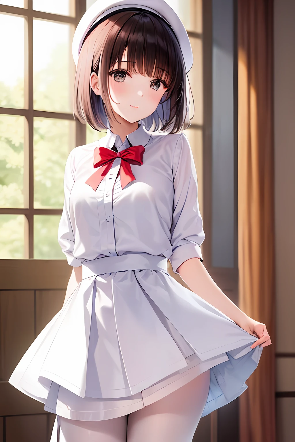 (Masterpiece, Top Quality, Best Quality, Official Art, Beauty and Aesthetics: 1.2), A Girl, Solo, Megumi Kato, Smile, Short Hair, Brown Hair, Delicate Facial Features, White Berets, White Tights, White Stockings, Front View, Hands Hidden Behind Back, White Dress, Red Jacket, Red Coat, Neck Strap, Berets, Pleated Skirt, Bow, Standing, White Stockings, , Blurred Background