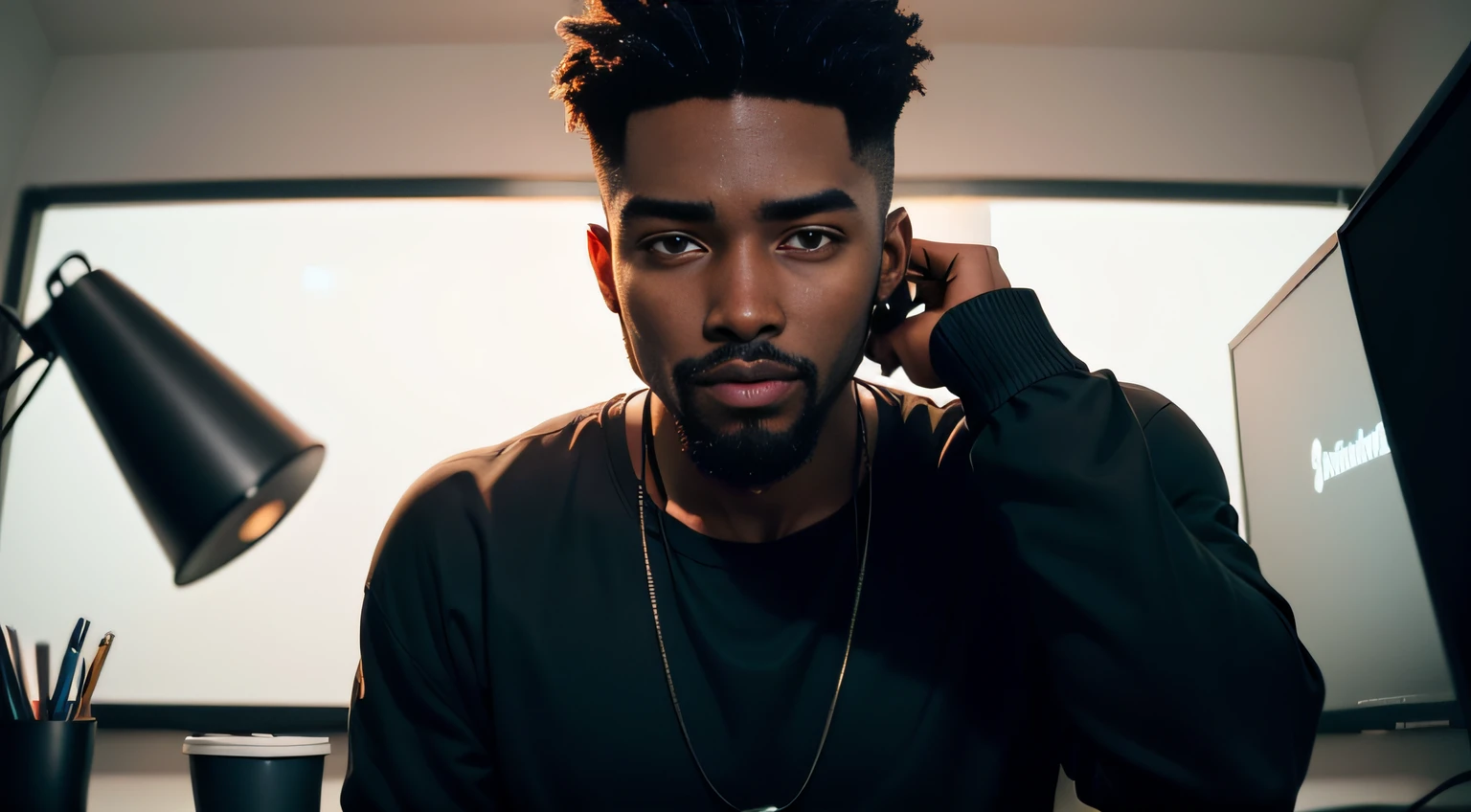 The 26-year-old black man is a talented YouTuber who is always looking to enhance his content and create even better videos for his channel. His face is full of personality and expressiveness, with well-defined features and a short, well-made beard that complements his modern and cool look.
His light brown eyes are piercing and convey mystery and suspense, essential characteristics for the themes he tackles on his channel. He's sitting at his desk, with a high-quality microphone in front of him, ready to record yet another video about scary and intriguing stories.
As he works, he takes small sips from his cup of coffee, which is of better quality, keeping himself alert and focused on its contents. The illustration of his video is impeccable, with vivid and vibrant colors that help create an atmosphere of terror and suspense.
The shadows on your face and in your work environment are perfectly balanced, creating a tense and mysterious atmosphere that is characteristic of its content. He is a dedicated and talented YouTuber who strives to create quality content that keeps his audience always entertained and eager for new videos