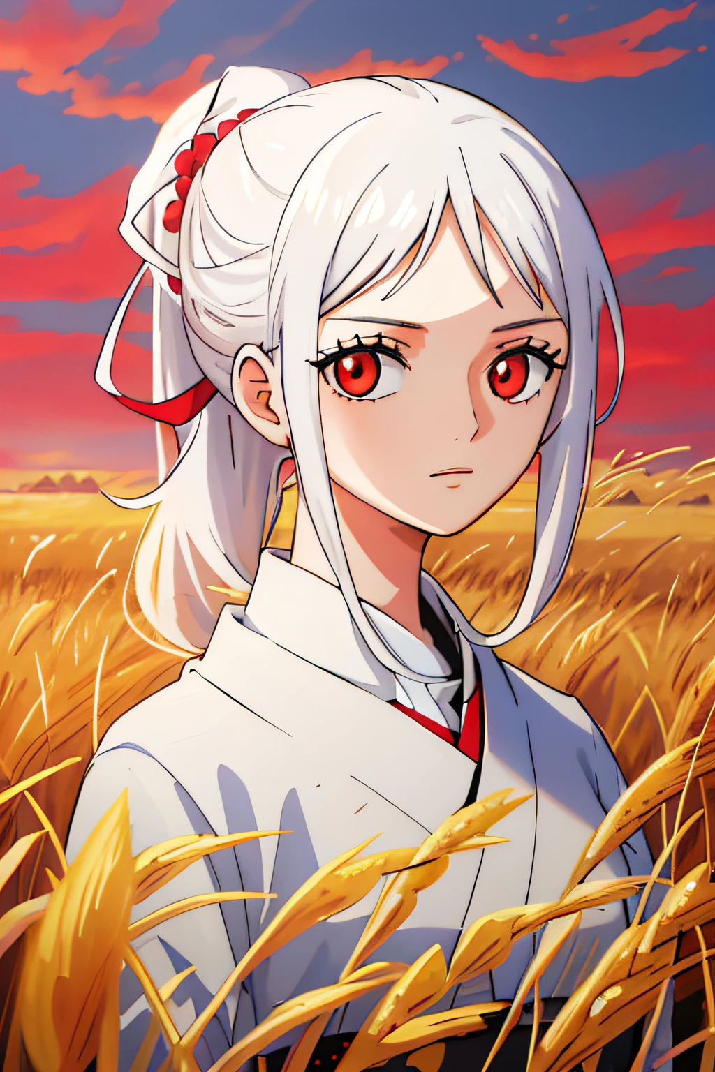 Masterpiece, best quality, 1girl, portrait, white hair, ponytail, red eyes, samurai, wheat landscape, sun, clouds, (neutral color), (HDR: 1.4)