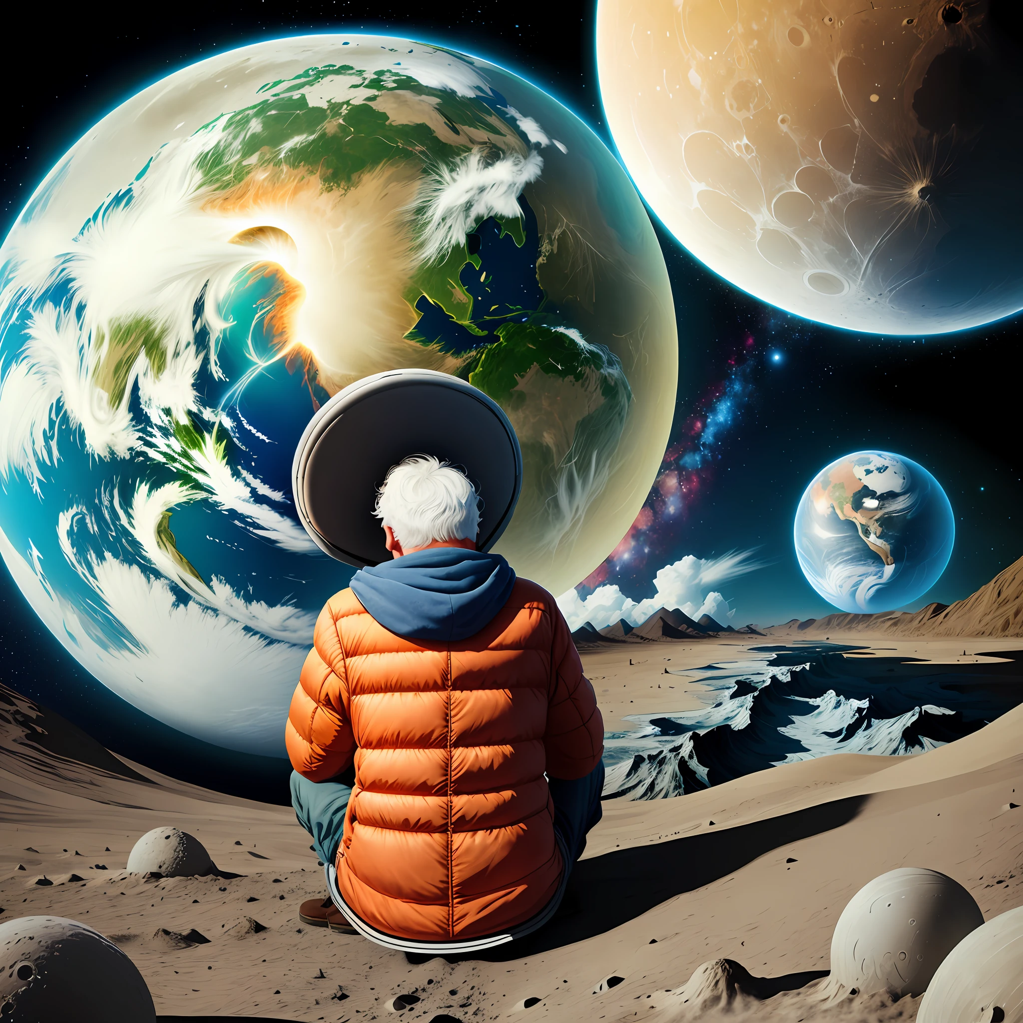 Man sitting on a beach chair on the moon looking at the exploding planet Earth