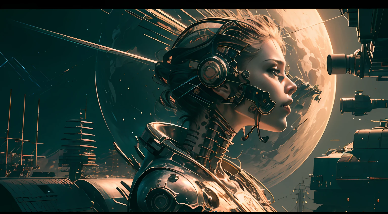 (masterpiece,best quality:1.3), (ultra-detailed:1.3), (highly detailed CG illustration), (an extremely delicate and beautiful),from side,cinematic light,(1mechanical girl),solo,full body,(machine made joints),machanical limbs,blood vessels connected to tubes,mechanical vertebra attaching to back,(mechanical cervial attaching to neck),sitting,wires and cables attaching to neck and body ,character focus,science fiction,RAW photo, cinematic masterpiece, majestic epic composition, sci-fi city, (movie scene), full shot, epic dynamic frame, dynamic pose, motion blur, sci-fi, cyber, (((cienatic look))), rim light, film grain, natural skin texture, 24mm, 4k textures, (perfect body, skinny, slim),best angle close up realistic, front view