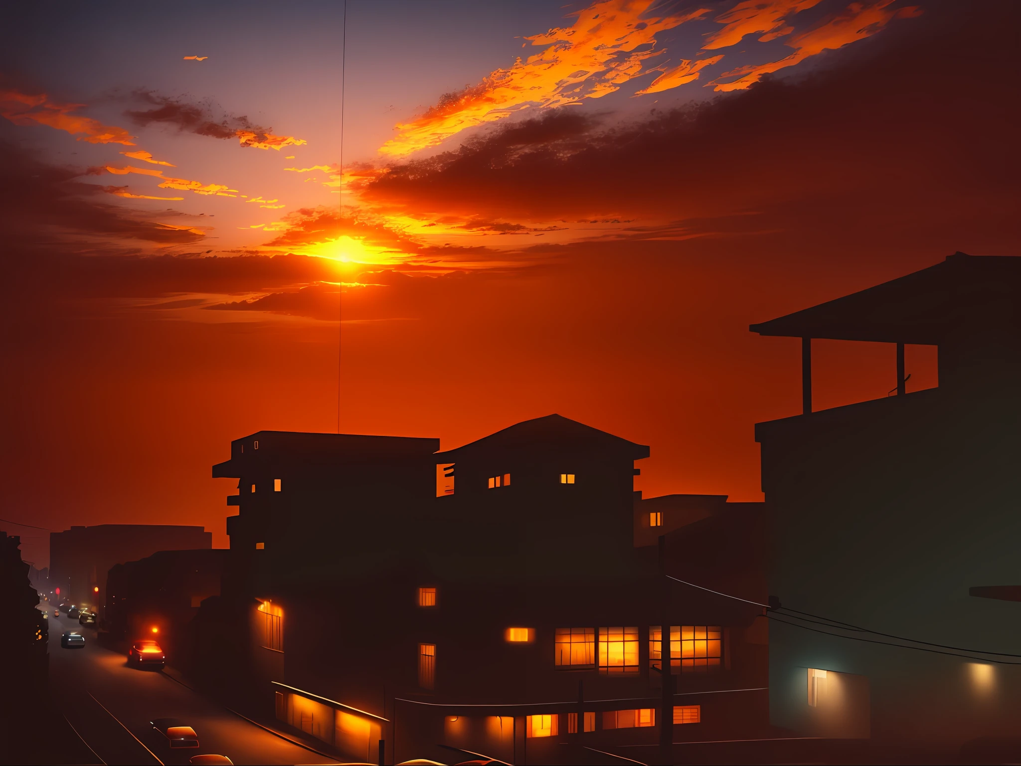 Beautiful sunset in town view, cars on street,