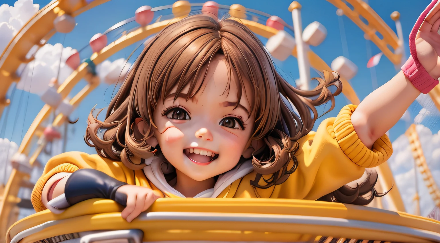 7-year-old girl who has brown hair, loose, who wears yellow sweatshirt, happy on a roller coaster