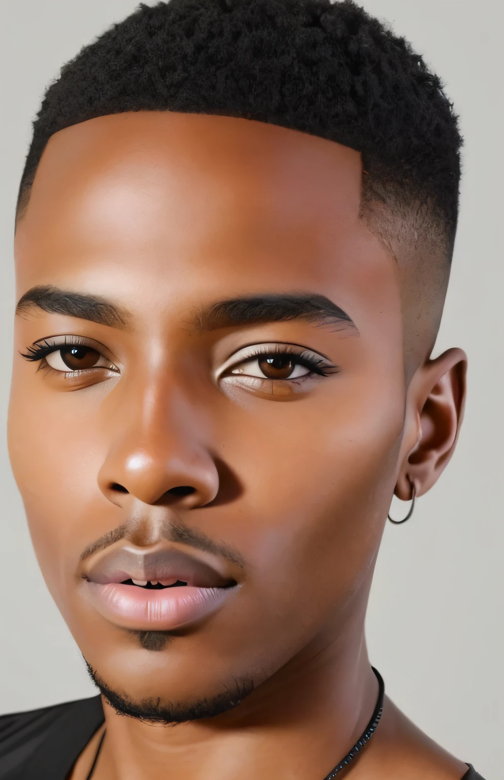 Design a image of a 22 yr old darkskinned black men in a psychedelic design with a very short hair, black eyes, DMT, beautiful, Sacred, psychedelic ,Aura, becoming spiritual, ultrarealistic photorealistic, 8k, artstation