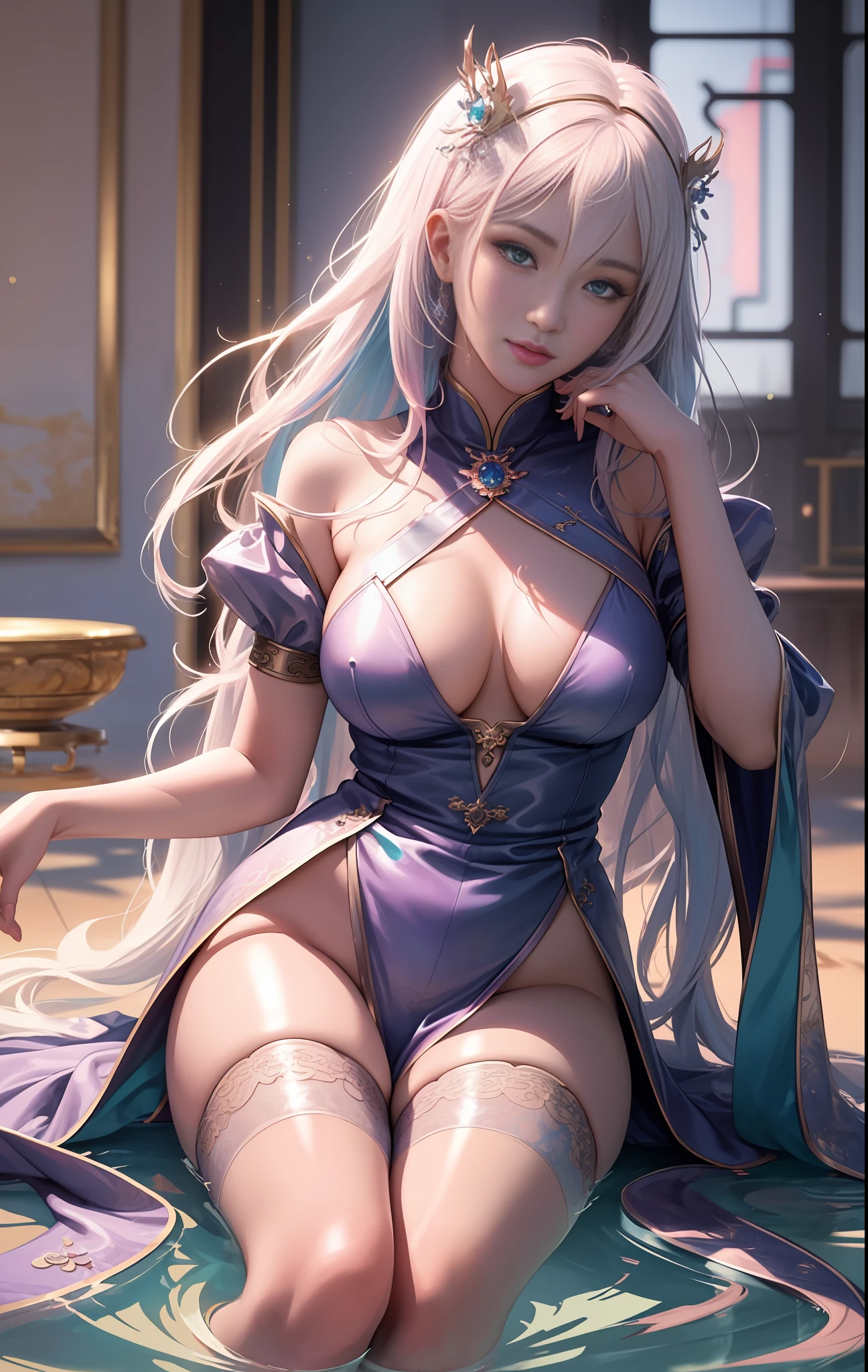 Inside the high-definition palace is an anime girl with white pink gradient hair, like Artgerm's perfectly detailed CG artwork on the ArtStation Pixiv, or the digital animation art created by Guviz on the Pixiv Art Station. She pursues her digital art dream, depicts a unique style in the trend of anime illustration, delicately presents the beauty of digital animation art, standard legs and feet, pure lust for girls, youthful vitality, beautiful face, charming, heroic, cold, European and American girls, Long flowing hair, evil expression, blush, White pink gradient hair, perfect body, plump, mature, Light blue-green big eyes, delicate clothes, Xiaohongshu Internet celebrity pop style, watery eye color, crystal clear makeup, glitter on the face, Dynamic Composition, Elevation Angle, Cinematic Angle, Backlit Angle, Side Angle, Tilt Angle, Contour Angle, Backlit Angle, Soft Light, Warm Light, Highlight Effect, Digital Painting, Hand Drawn Style, Dream Background, Pastel Tones, Vivid Colors, High Precision Detail, Fine Texture, Sweet Style, Western Style, Clear Rendering, Realistic Rendering, Large Aperture Effect, Soft Focus Effect, Gloss Material, Pastel Material, Western, Shinkai Makoto Style, Fashion Magazine Illustration Style, Unique Creative Style, Natural Pose, Cute gestures, Chinese Tang Dynasty background , comfortable settings, high resolution, clear lines, realistic skin tone, real lighting and shadow effects, colorful light, ripple refraction, Chinese dragon, Chinese mythology, gorgeous aristocratic clothes, skin texture, super fine picture, realistic, sky starry twinkle, fog, thick, sexy pose, magic color, magic special effects, Instagram influencer style, 8K, real skin, Wlop ghost knife style masterpiece, Crystal clear water, high-end feeling, cyberpunk, miniskirt, high heels, feet raised to focus on the camera, crystal rules unfold from the body, super many mirror crystal fragments, reflective, queen pose sitting on water feature throne, long legs, perfec