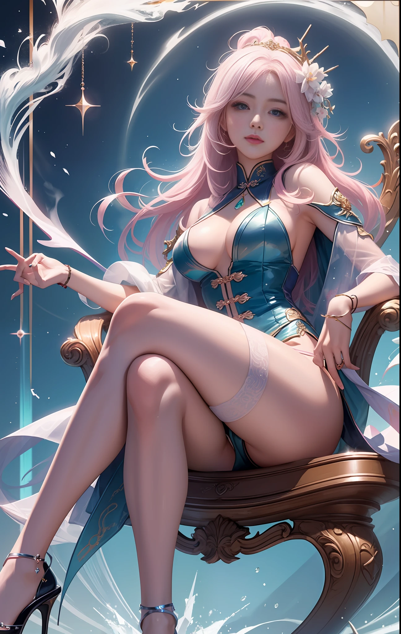 Inside the high-definition palace is an anime girl with white pink gradient hair, like Artgerm's perfectly detailed CG artwork on the ArtStation Pixiv, or the digital animation art created by Guviz on the Pixiv Art Station. She pursues her digital art dream, depicts a unique style in the trend of anime illustration, delicately presents the beauty of digital animation art, standard legs and feet, pure lust for girls, youthful vitality, beautiful face, charming, heroic, cold, European and American girls, Long flowing hair, evil expression, blush, White pink gradient hair, perfect body, plump, mature, Light blue-green big eyes, delicate clothes, Xiaohongshu Internet celebrity pop style, watery eye color, crystal clear makeup, glitter on the face, Dynamic Composition, Elevation Angle, Cinematic Angle, Backlit Angle, Side Angle, Tilt Angle, Contour Angle, Backlit Angle, Soft Light, Warm Light, Highlight Effect, Digital Painting, Hand Drawn Style, Dream Background, Pastel Tones, Vivid Colors, High Precision Detail, Fine Texture, Sweet Style, Western Style, Clear Rendering, Realistic Rendering, Large Aperture Effect, Soft Focus Effect, Gloss Material, Pastel Material, Western, Shinkai Makoto Style, Fashion Magazine Illustration Style, Unique Creative Style, Natural Pose, Cute gestures, Chinese Tang Dynasty background , comfortable settings, high resolution, clear lines, realistic skin tone, real lighting and shadow effects, colorful light, ripple refraction, Chinese dragon, Chinese mythology, gorgeous aristocratic clothes, skin texture, super fine picture, realistic, sky starry twinkle, fog, thick, sexy pose, magic color, magic special effects, Instagram influencer style, 8K, real skin, Wlop ghost knife style masterpiece, Crystal clear water, high-end feeling, cyberpunk, miniskirt, high heels, feet raised to focus on the camera, crystal rules unfold from the body, super many mirror crystal fragments, reflective, queen pose sitting on water feature throne, long legs, perfec