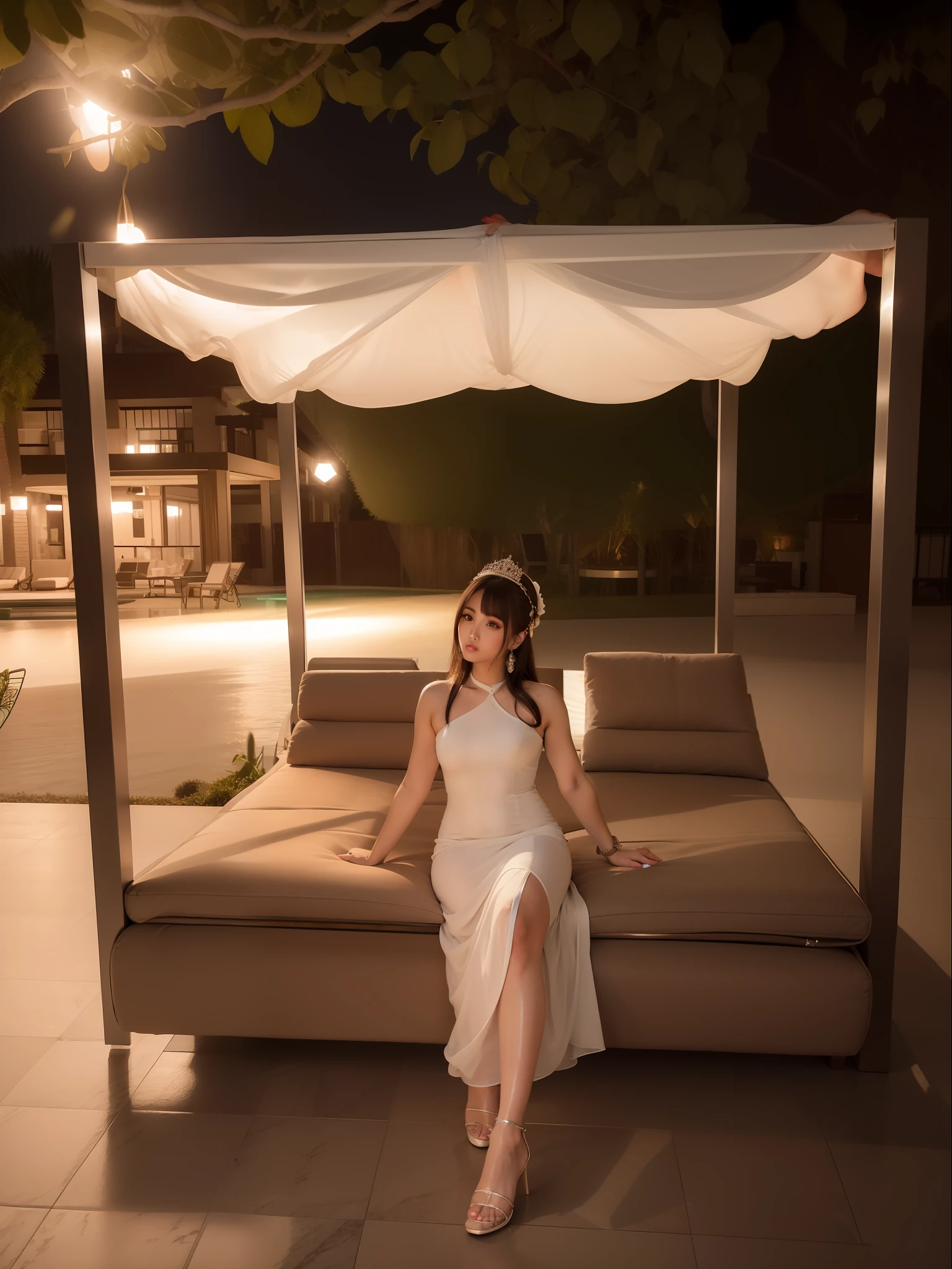 Beautiful girl sit in sofa at pool side, moon light, wearing long gown,ultra detailed beautiful legs, ultra detailed beautiful toes, ultra detailed beautiful hands, ultra detailed beautiful face, A slightly raised face, ultra detailed beautiful eyes, beautiful girl, wearing middle high heels