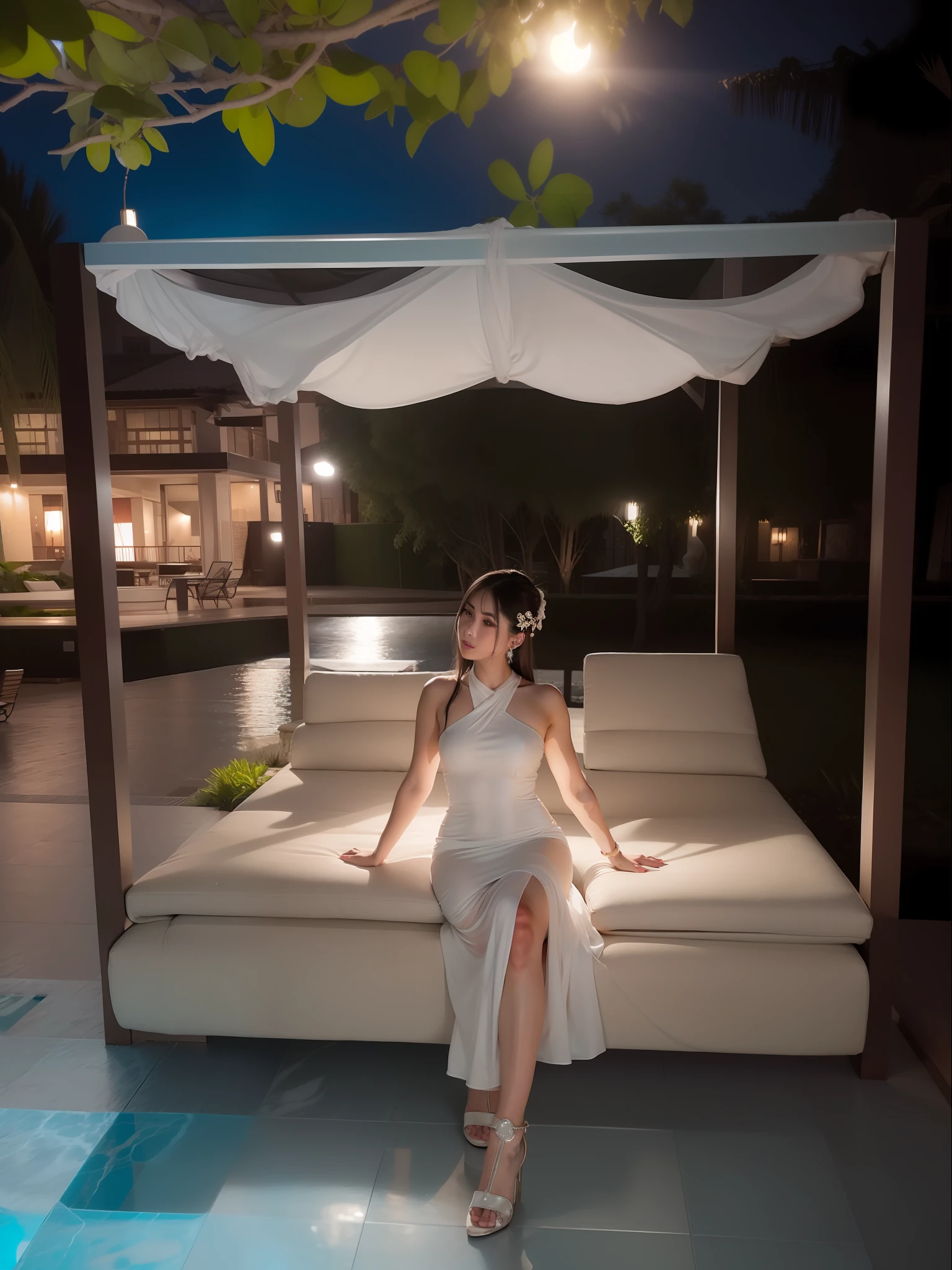 Beautiful girl sit in sofa at pool side, moon light, wearing long gown,ultra detailed beautiful legs, ultra detailed beautiful toes, ultra detailed beautiful hands, ultra detailed beautiful face, A slightly raised face, ultra detailed beautiful eyes, beautiful girl, wearing middle high heels