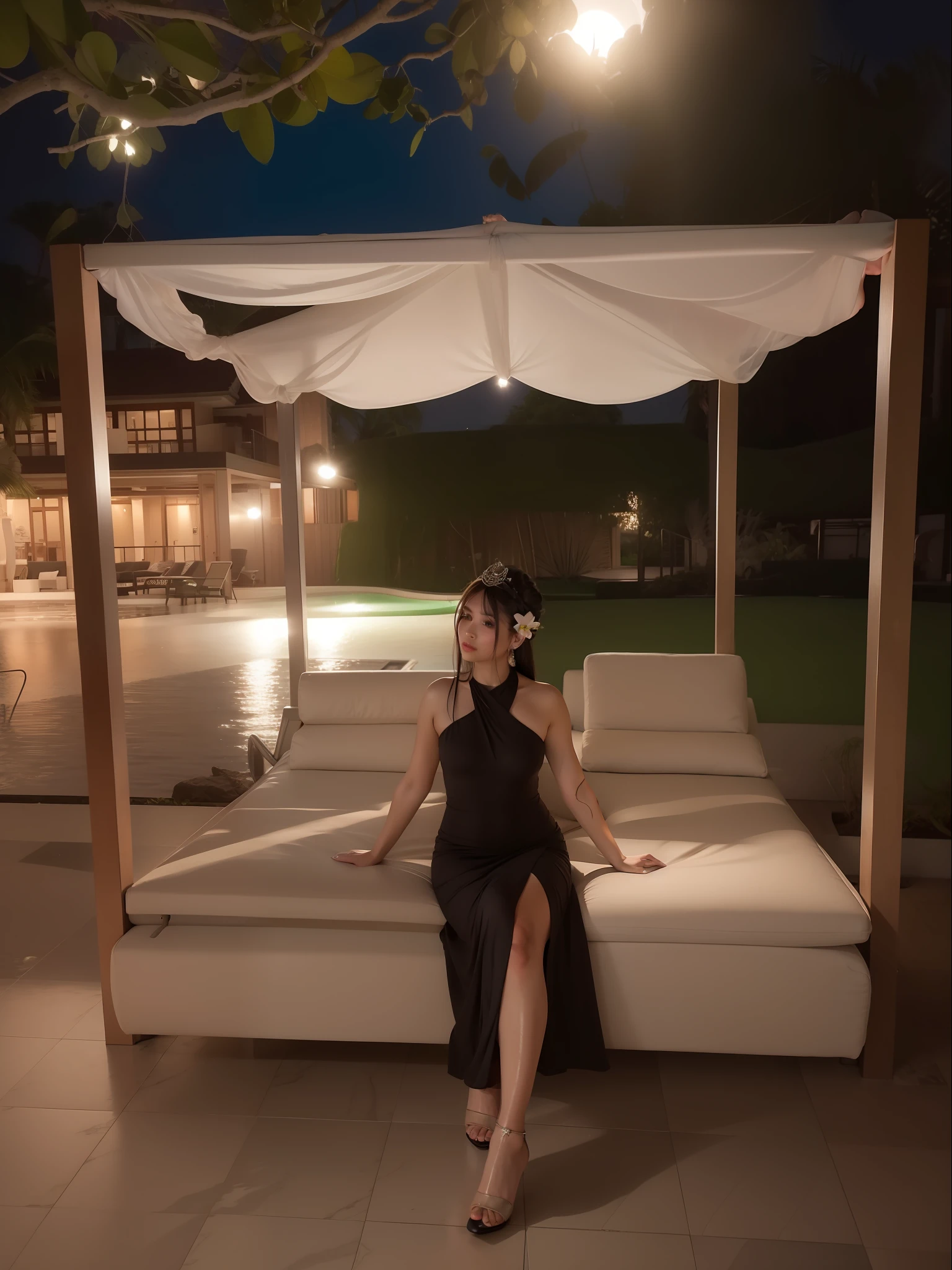 Beautiful girl sit in sofa at pool side, moon light, wearing long gown,ultra detailed beautiful legs, ultra detailed beautiful toes, ultra detailed beautiful hands, ultra detailed beautiful face, A slightly raised face, ultra detailed beautiful eyes, beautiful girl, wearing middle high heels