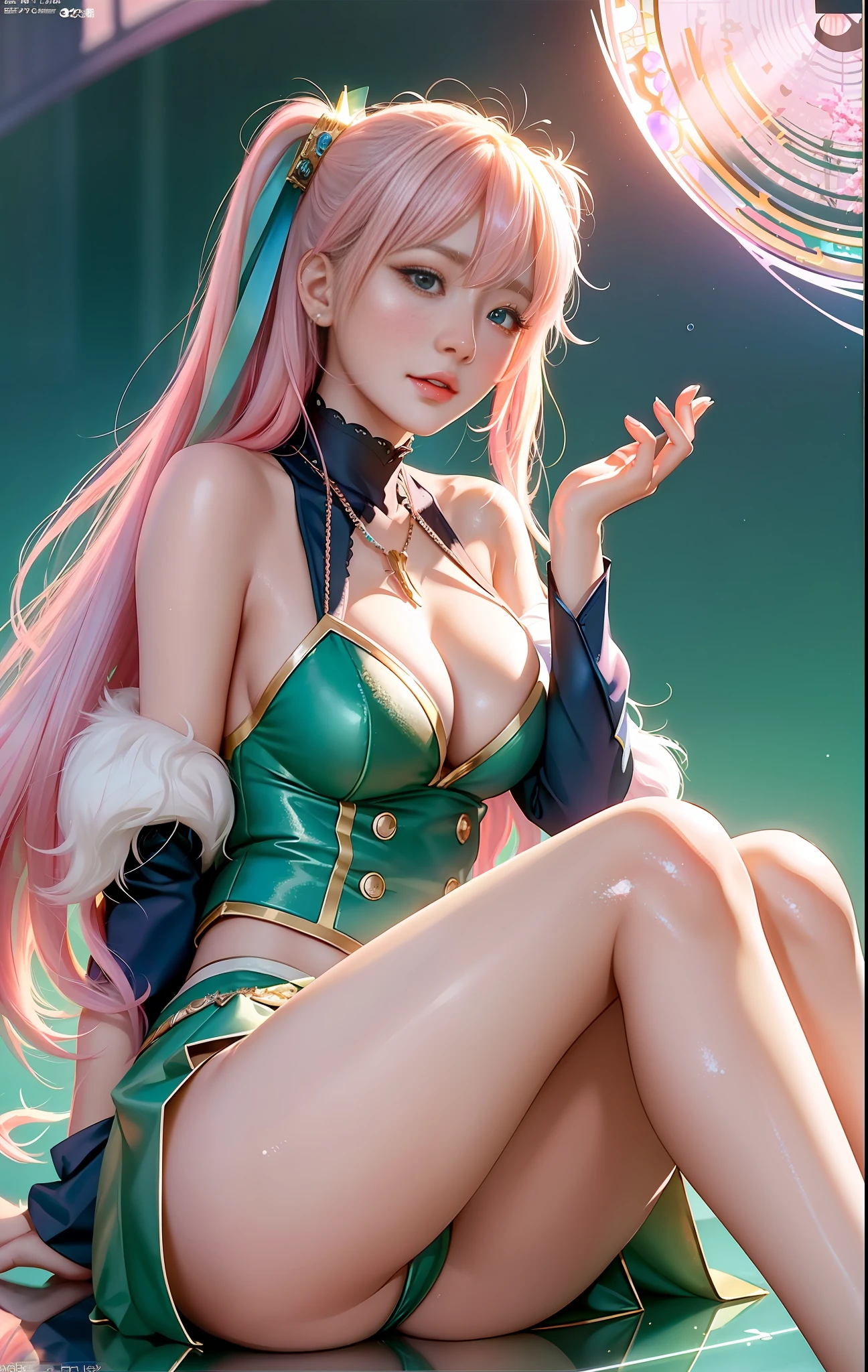 Inside the high-definition palace is an anime girl with white pink gradient hair, like Artgerm's perfectly detailed CG artwork on the ArtStation Pixiv, or the digital animation art created by Guviz on the Pixiv Art Station. She pursues her digital art dream, depicts a unique style in the trend of anime illustration, delicately presents the beauty of digital animation art, standard legs and feet, pure lust for girls, youthful vitality, beautiful face, charming, heroic, cold, European and American girls, Long flowing hair, evil expression, blush, White pink gradient hair, perfect body, plump, mature, Light blue-green big eyes, delicate clothes, Xiaohongshu Internet celebrity pop style, watery eye color, crystal clear makeup, glitter on the face, Dynamic Composition, Elevation Angle, Cinematic Angle, Backlit Angle, Side Angle, Tilt Angle, Contour Angle, Backlit Angle, Soft Light, Warm Light, Highlight Effect, Digital Painting, Hand Drawn Style, Dream Background, Pastel Tones, Vivid Colors, High Precision Detail, Fine Texture, Sweet Style, Western Style, Clear Rendering, Realistic Rendering, Large Aperture Effect, Soft Focus Effect, Gloss Material, Pastel Material, Western, Shinkai Makoto Style, Fashion Magazine Illustration Style, Unique Creative Style, Natural Pose, Cute gestures, Chinese Tang Dynasty background , comfortable settings, high resolution, clear lines, realistic skin tone, real lighting and shadow effects, colorful light, ripple refraction, Chinese dragon, Chinese mythology, gorgeous aristocratic clothes, skin texture, super fine picture, realistic, sky starry twinkle, fog, thick, sexy pose, magic color, magic special effects, Instagram influencer style, 8K, real skin, Wlop ghost knife style masterpiece, Crystal clear water, high-end feeling, cyberpunk, miniskirt, high heels, feet raised to focus on the camera, crystal rules unfold from the body, super many mirror crystal fragments, reflective, queen pose sitting on water feature throne, long legs, perfec