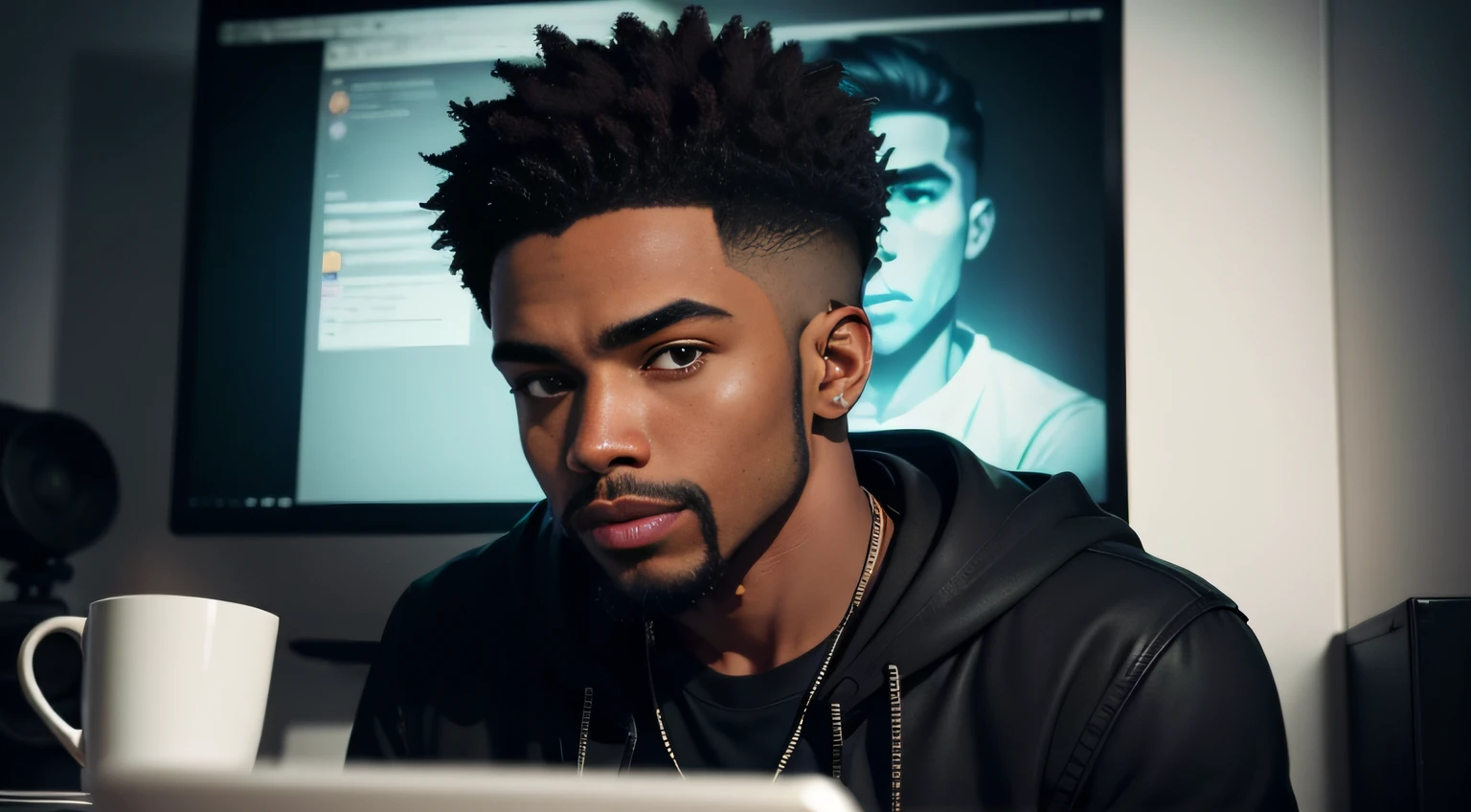 The 26-year-old black man is a talented YouTuber who is always looking to enhance his content and create even better videos for his channel. His face is full of personality and expressiveness, with well-defined features and a short, well-made beard that complements his modern and cool look.
His light brown eyes are piercing and convey mystery and suspense, essential characteristics for the themes he tackles on his channel. He's sitting at his desk, with a high-quality microphone in front of him, ready to record yet another video about scary and intriguing stories.
As he works, he takes small sips from his cup of coffee, which is of better quality, keeping himself alert and focused on its contents. The illustration of his video is impeccable, with vivid and vibrant colors that help create an atmosphere of terror and suspense.
The shadows on your face and in your work environment are perfectly balanced, creating a tense and mysterious atmosphere that is characteristic of its content. He is a dedicated and talented YouTuber who strives to create quality content that keeps his audience always entertained and eager for new videos