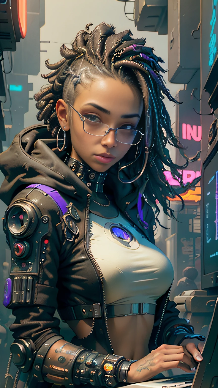 ((Best quality)), ((masterpiece)), (highly detailed:1.3), 3D, beautiful (cyberpunk:1.3), ((black woman hacker)) with thick voluminous hair operating a computer terminal