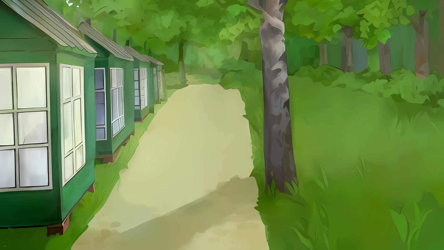 anime background, background, forest, park, green houses with a slate roof on brick stilts, greenery, grass, bushes, trees