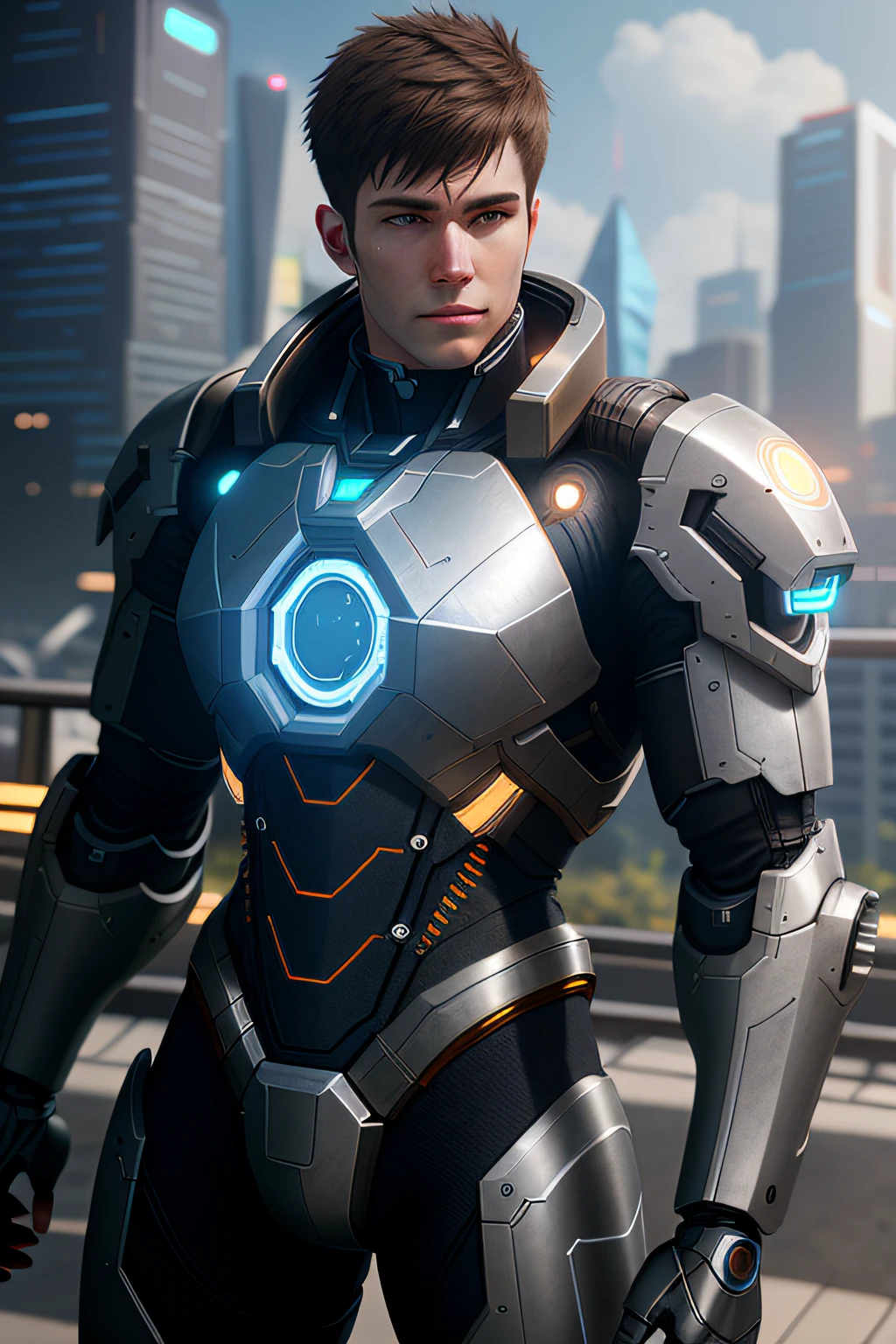 knolling, futuristic gear, cyborg hero, handsome, perspective, soft light, unreal engine, ultra hd