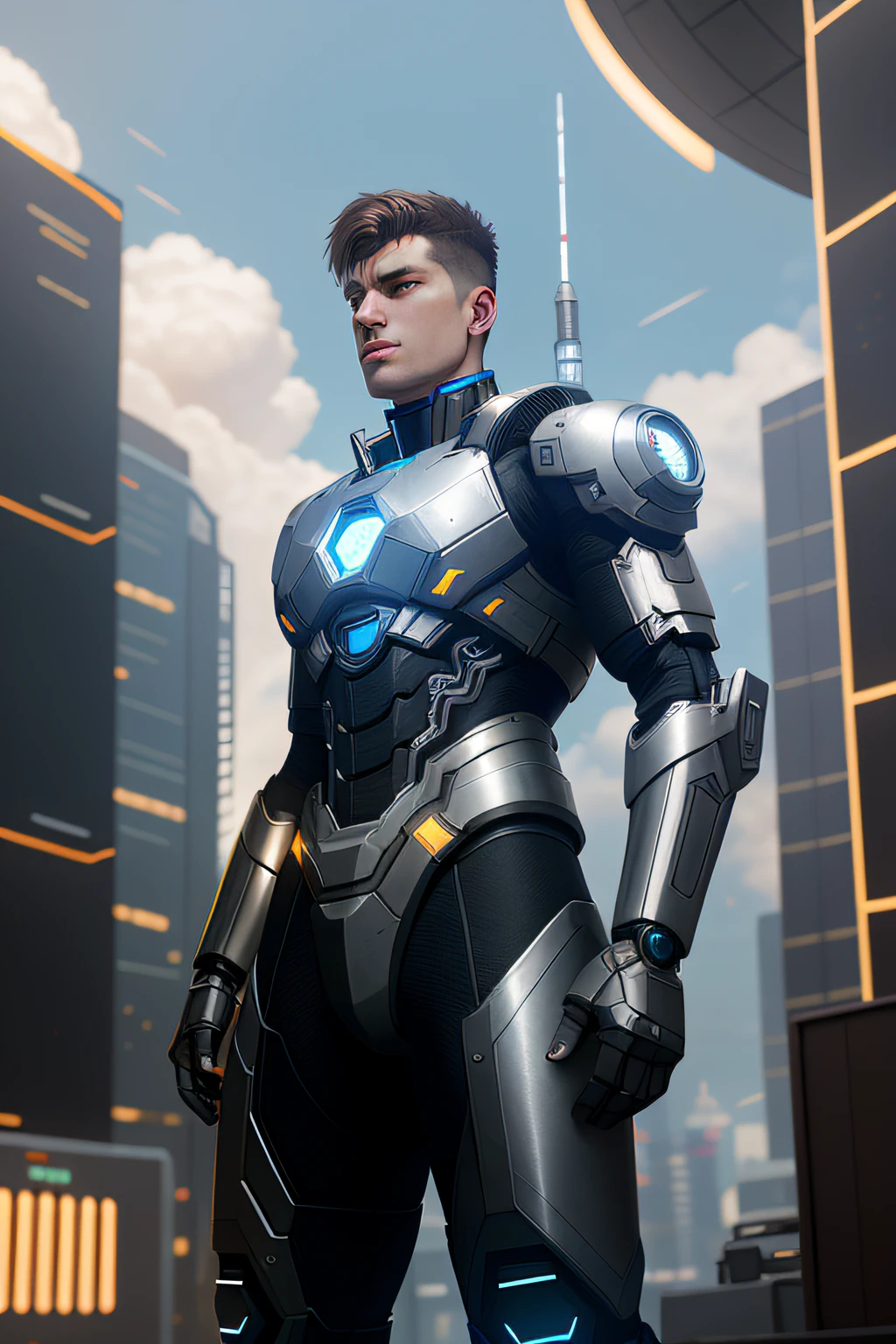 knolling, futuristic gear, cyborg hero, handsome, perspective, soft light, unreal engine, ultra hd