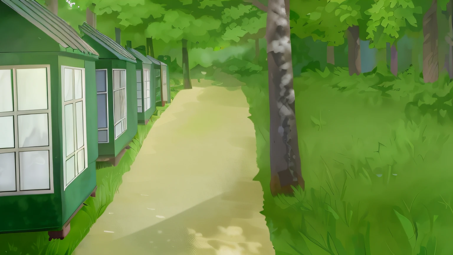 anime background, background, forest, park, green houses with a slate roof on brick stilts, greenery, grass, bushes, trees