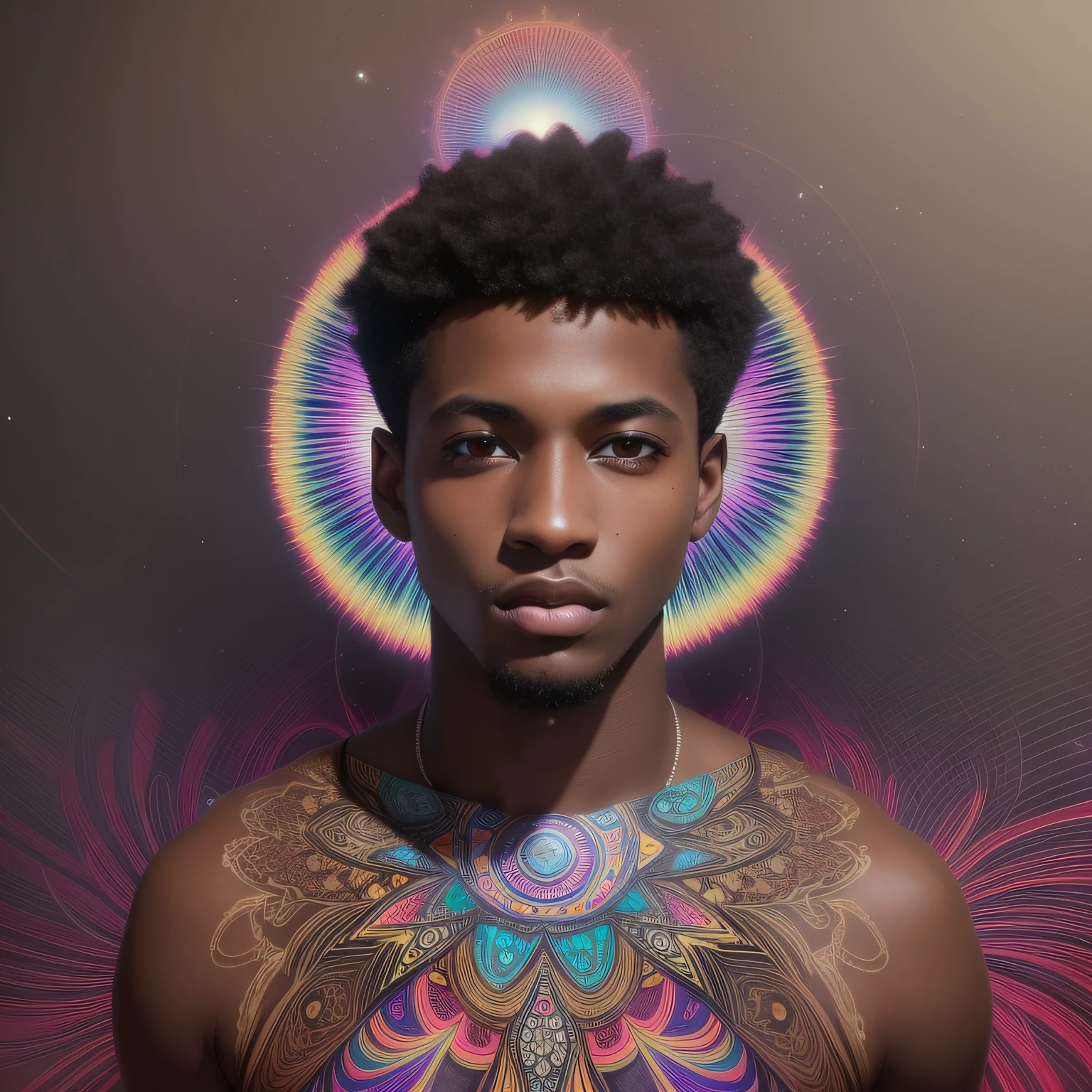 Design a image of a 22 yr old darkskinned black men in a psychedelic design with a very short hair, black eyes, DMT, beautiful, Sacred, psychedelic ,Aura, becoming spiritual, ultrarealistic photorealistic, 8k, artstation