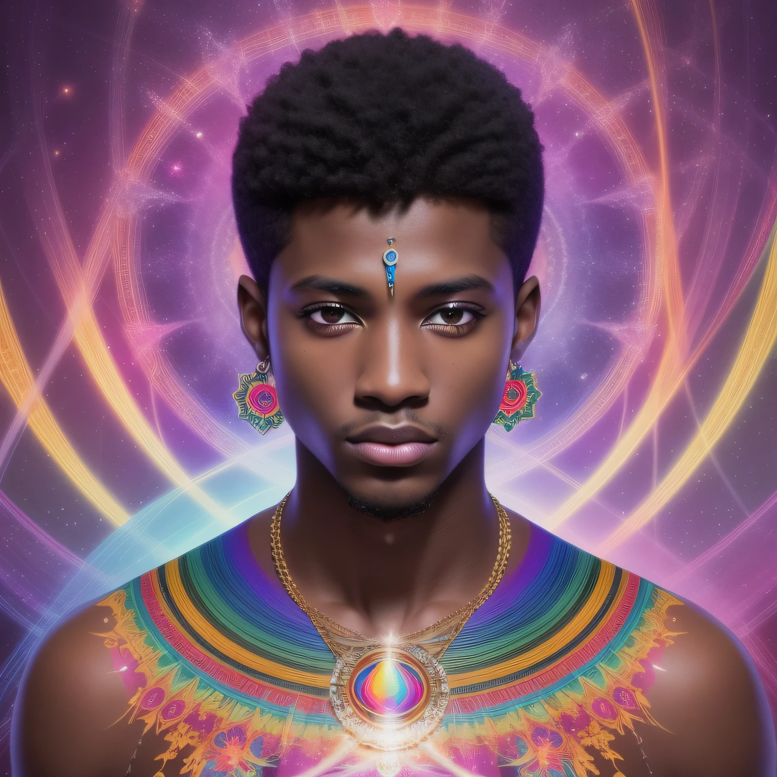 Design a image of a 22 yr old darkskinned black men in a psychedelic design with a very short hair, black eyes, DMT, beautiful, Sacred, psychedelic ,Aura, becoming spiritual, ultrarealistic photorealistic, 8k, artstation