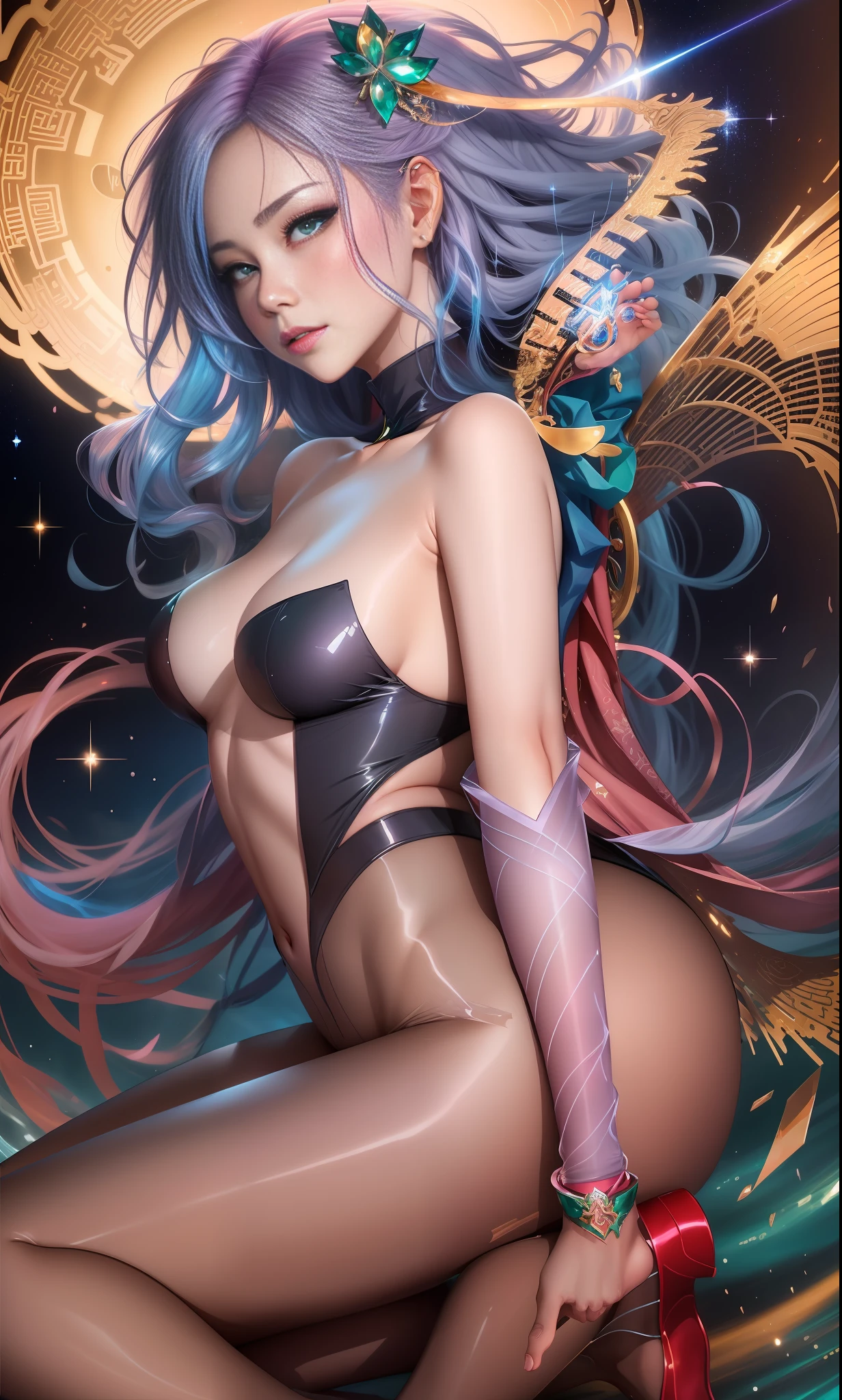 There is an anime girl with white pink gradient hair in the high-definition palace, like Artgerm's perfect CG artwork on ArtStation Pixiv, or digital animation art created by Guvez on the pixiv art station, pure lust girl, youthful vitality, beautiful face, charming, heroic, cold, European and American girl, flowing long hair, evil expression, blush, White pink gradient hair, perfect figure, plump, mature, Big light blue-green eyes, Delicate clothes, Xiaohongshu influencer pop style, watery eye color, crystal clear makeup, glitter on face, dynamic composition, elevation angle, cinematic angle, backlight angle, side angle, tilt angle, contour angle, backlight angle, soft lighting, warm light, highlight effect, digital painting, hand drawn style, dream background, pastel tones, vivid colors, high precision details, fine texture, sweet style, western style, clear rendering, realistic rendering, large aperture effect, soft focus effect, glossy material , Soft Material, Western, Shinkai Cheng Style, Fashion Magazine Illustration Style, Unique Creative Style, Natural Pose, Cute Gestures Chinese Tang Dynasty Background , Comfortable Settings, High Resolution, Clear Lines, Realistic Skin Tone, Realistic Light and Shadow Effects, Colorful Light, Ripple Refraction, Chinese Dragon, Chinese Mythology, Gorgeous Noble Clothes, Skin Texture, Super Fine Picture, Realistic, Sky Twinkle with Stars, Mist, Thick, Sexy Pose, Magic Colors, Magic Special Effects, Instagram influencer style, 8K, real skin, Wlop's masterpiece, crystal clear seawater, high-end sense, cyberpunk, miniskirt, high heels, super many mirror crystal shards, queen pose, long legs, perfect emerald green eyes, shiny black stockings worn on legs, long leg visual effect, leg line emphasis, high heels matching, away from horizontal lines, sheer enhancement, extended leg proportions, long leg pose, forward leaning posture, high waist matching, foot close-up, plantar perspective, foot curve, Foot Detail, Foot Modification,
