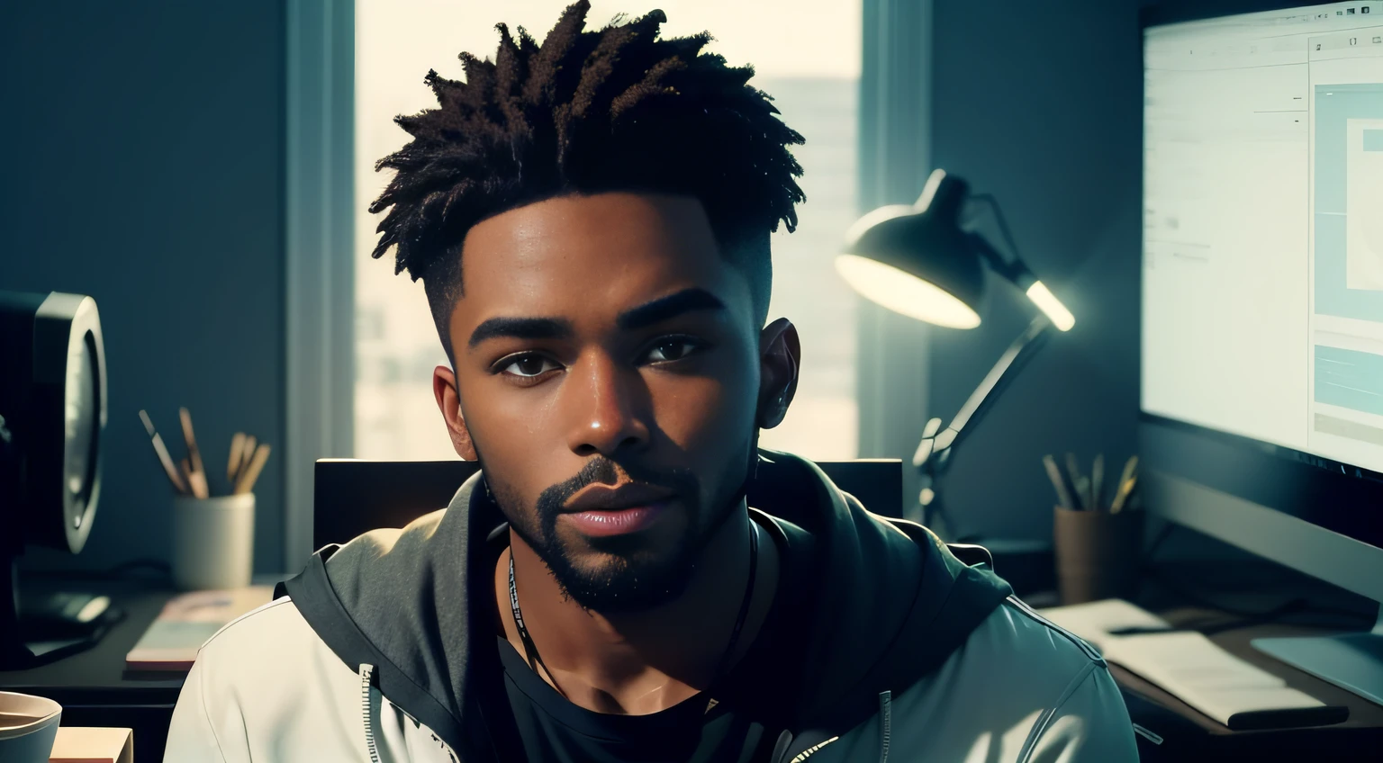 The 26-year-old black man is a talented YouTuber who is always looking to enhance his content and create even better videos for his channel. His face is full of personality and expressiveness, with well-defined features and a short, well-made beard that complements his modern and cool look.
His light brown eyes are piercing and convey mystery and suspense, essential characteristics for the themes he tackles on his channel. He's sitting at his desk, with a high-quality microphone in front of him, ready to record yet another video about scary and intriguing stories.
As he works, he takes small sips from his cup of coffee, which is of better quality, keeping himself alert and focused on its contents. The illustration of his video is impeccable, with vivid and vibrant colors that help create an atmosphere of terror and suspense.
The shadows on your face and in your work environment are perfectly balanced, creating a tense and mysterious atmosphere that is characteristic of its content. He is a dedicated and talented YouTuber who strives to create quality content that keeps his audience always entertained and eager for new videos