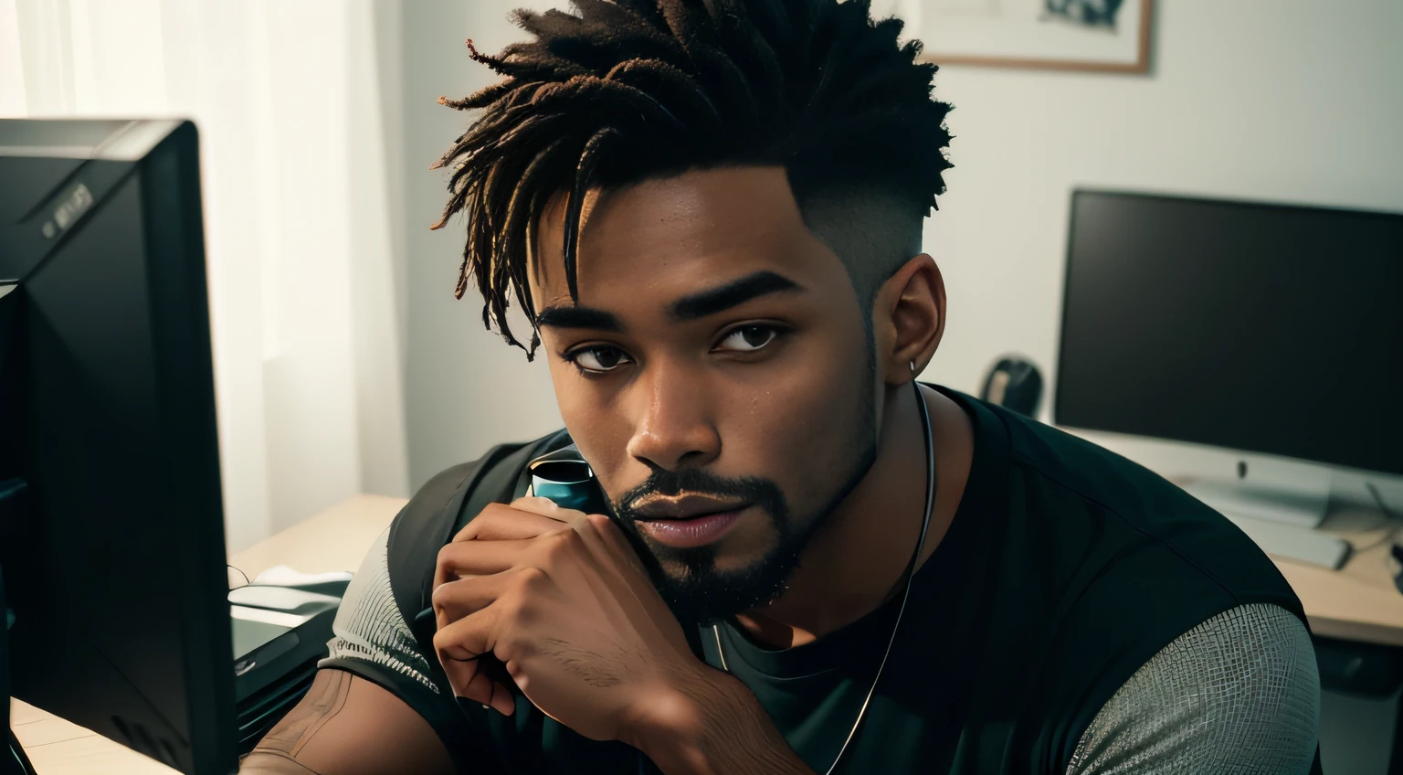 The 26-year-old black man is a talented YouTuber who is always looking to enhance his content and create even better videos for his channel. His face is full of personality and expressiveness, with well-defined features and a short, well-made beard that complements his modern and cool look.
His light brown eyes are piercing and convey mystery and suspense, essential characteristics for the themes he tackles on his channel. He's sitting at his desk, with a high-quality microphone in front of him, ready to record yet another video about scary and intriguing stories.
As he works, he takes small sips from his cup of coffee, which is of better quality, keeping himself alert and focused on its contents. The illustration of his video is impeccable, with vivid and vibrant colors that help create an atmosphere of terror and suspense.
The shadows on your face and in your work environment are perfectly balanced, creating a tense and mysterious atmosphere that is characteristic of its content. He is a dedicated and talented YouTuber who strives to create quality content that keeps his audience always entertained and eager for new videos