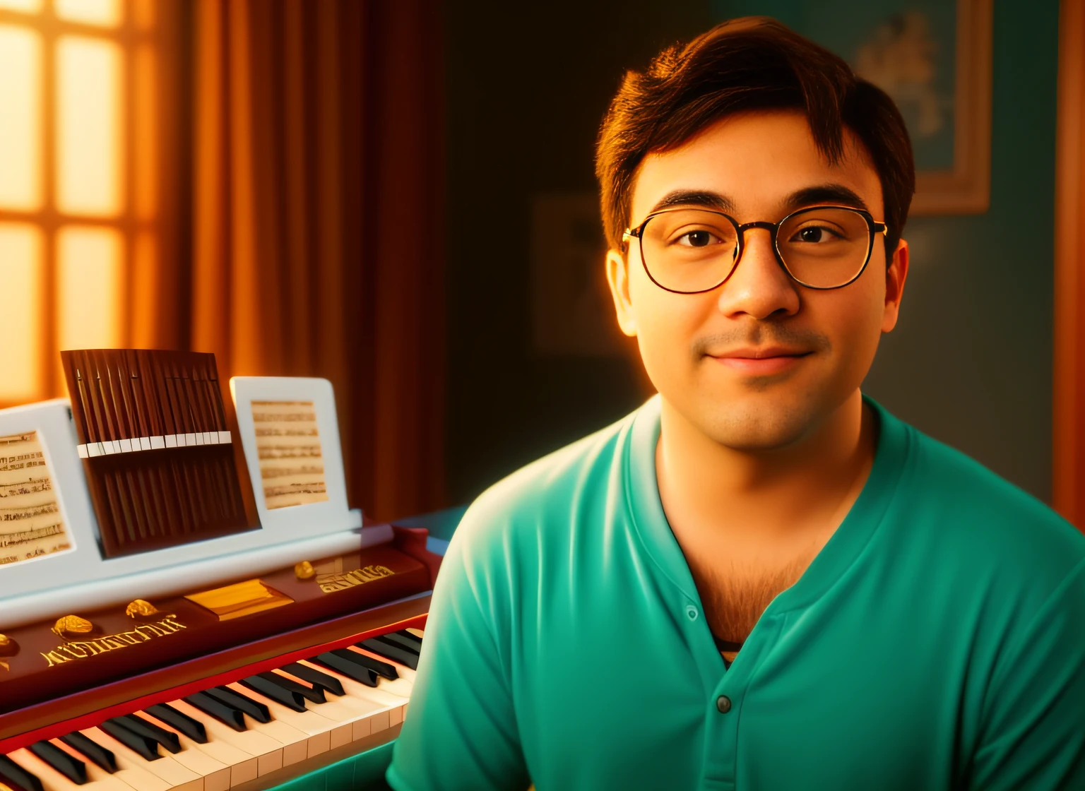 disney 3D style, piano, funny glasses, looking at camera, funny, small body, super detail, ultra detail realistic skin, whole body, unreal engine, detailed, ultra high definition, 8k, cinematographic light, ultra high definition professional photograph super realistic, professional color grading, soft shadows, no contrast, clean sharp focus, film photography, Hyper Detail, Calm
