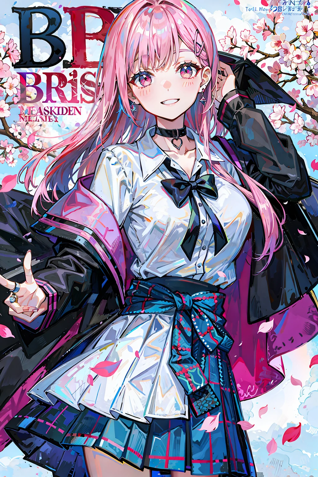 masterpiece, best quality, full body, 1girl, bangs, black choker, black tie, pink hair, blue skirt, blush, bracelet, large breasts, choker, clothes around the waist, collarbone, collar shirt, cowboy shot, dress shirt, ear piercing, eyebrows visible through hair, gradient hair, smile, gyaru, jewelry, kogal, long hair, looking at the viewer, loose tie, tie, piercing, plaid skirt, pleated skirt, red eyes, ring, school uniform, shirt, skirt, smile, solo, white shirt, street, sky, cherry blossoms, petals, illustration, (magazine: 1.3), (cover style: 1.3), elegant, woman, vibrant, clothing, posing, frontal, colorful, dynamic, background, elements, confident, expression, holding, statement, accessory, majestic, rolled, around, touch, scene, text, cover, bold, eye-catching, title, stylish, font, catchy, headline, bigger, impressive, modern, fashionable, focus, fashion,