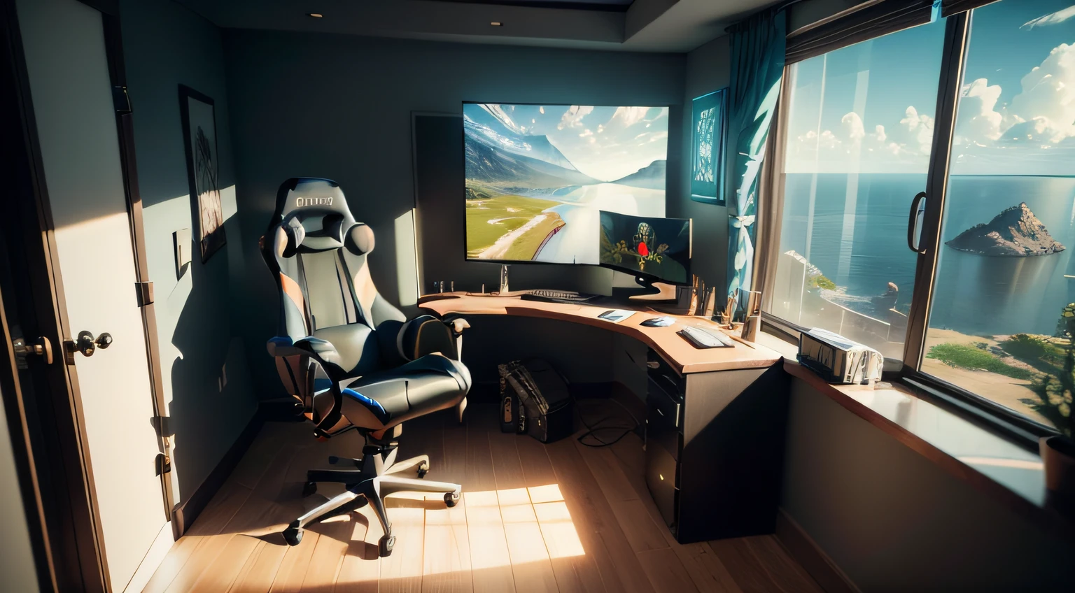 "((masterpiece)), best quality, ultra-realistic details, a large gamer room with recording studio and glass windows that provide an incredible view a beautiful gaming chair, high level of sharpness, cinematic angle, diffuse natural light, modern and elegant scenery, vibrant and inspiring atmosphere, perfection in detail, crystal clear image."