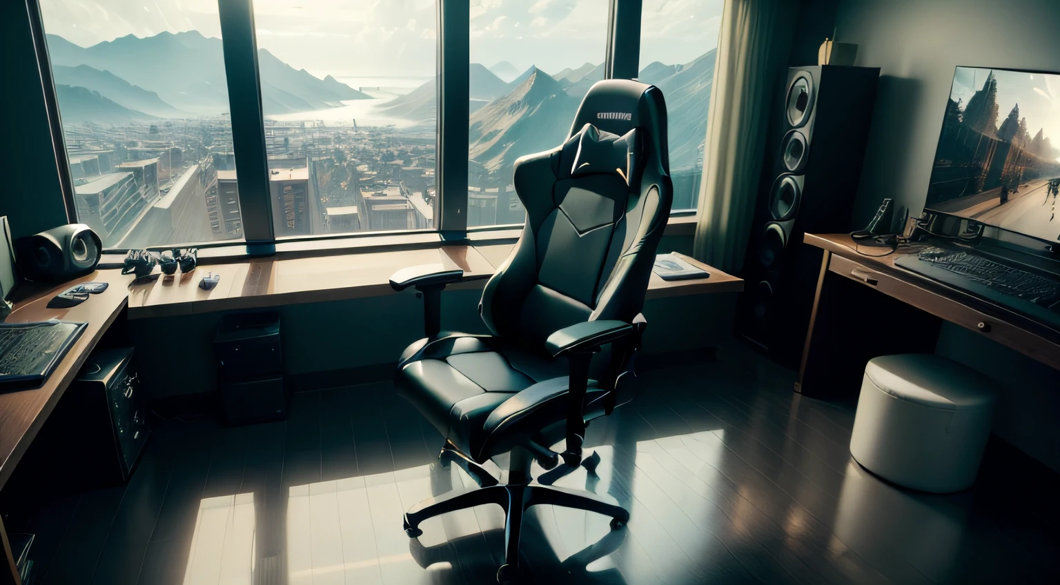 "((masterpiece)), best quality, ultra-realistic details, a large gamer room with recording studio and glass windows that provide an incredible view a beautiful gaming chair, high level of sharpness, cinematic angle, diffuse natural light, modern and elegant scenery, vibrant and inspiring atmosphere, perfection in detail, crystal clear image."