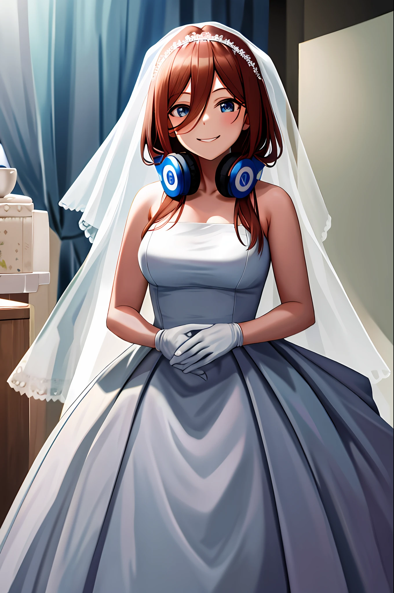 masterpiece, best quality, highres, nm1, headphones around neck, wedding dress, bridal veil, white gloves, cowboy shot, standing, smile