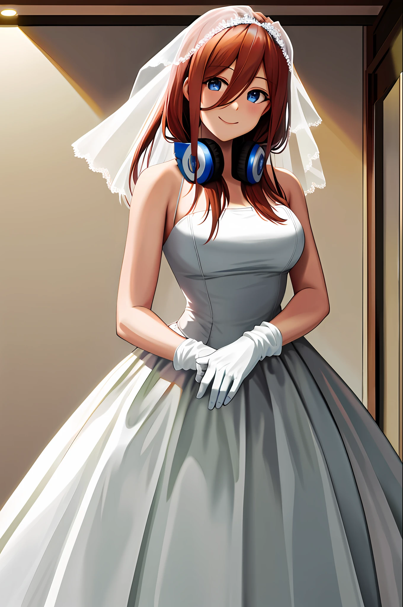 masterpiece, best quality, highres, nm1, headphones around neck, wedding dress, bridal veil, white gloves, cowboy shot, standing, smile