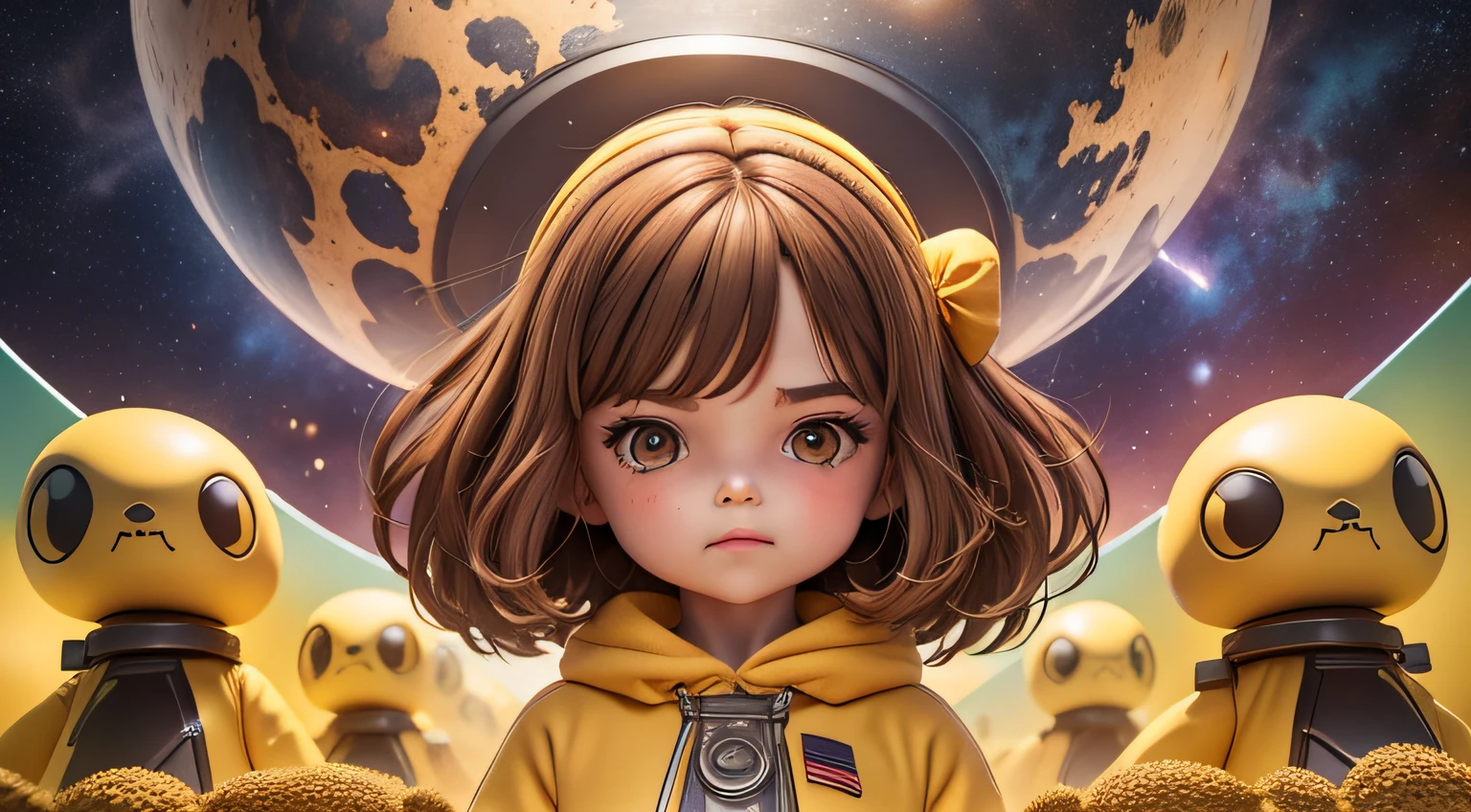7--old l who has brown hair, loose, who wears yellow sweatshirt, battling army of shadowy creatures, space scenery