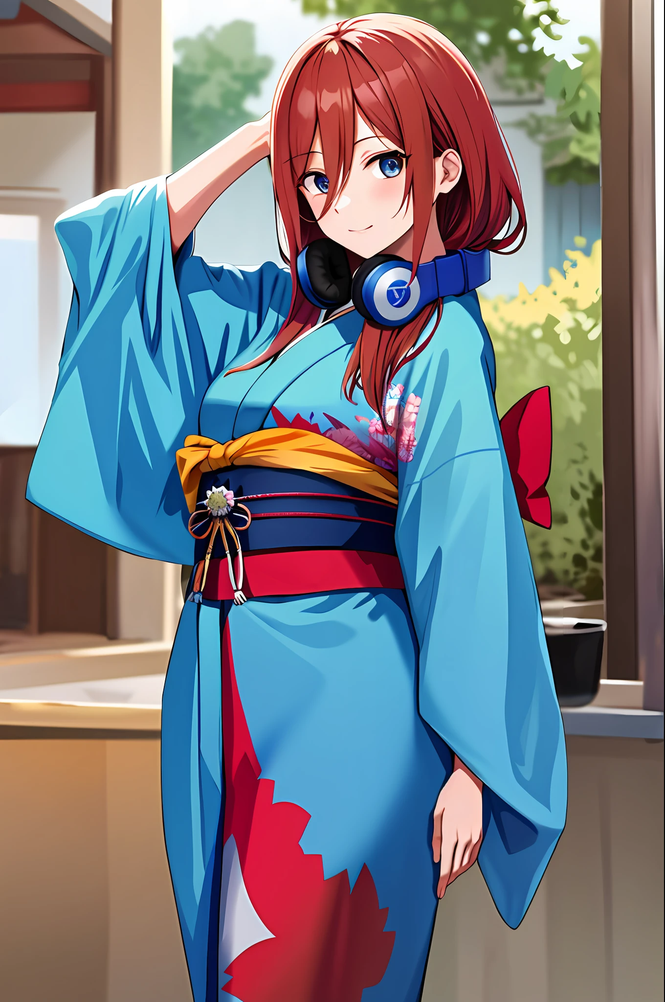 masterpiece, best quality, highres, nm1, headphones around neck, kimono, cowboy shot, standing,