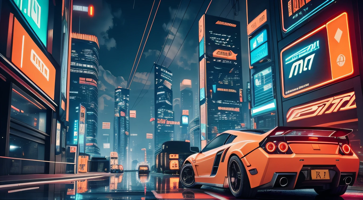 realistic cyberpunk city landscape at night, orange as the main color, blue and red details, dark nighttime sky, realistic neons and reflections, slightly rainy atmosphere, cyberpunk cars on the road, ultra detailed, best quality, no humans, no people, skyline