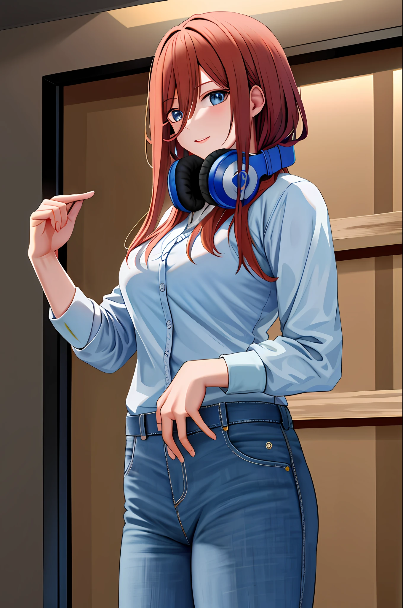 masterpiece, best quality, highres, nm1, headphones around neck, cowboy shot, standing,