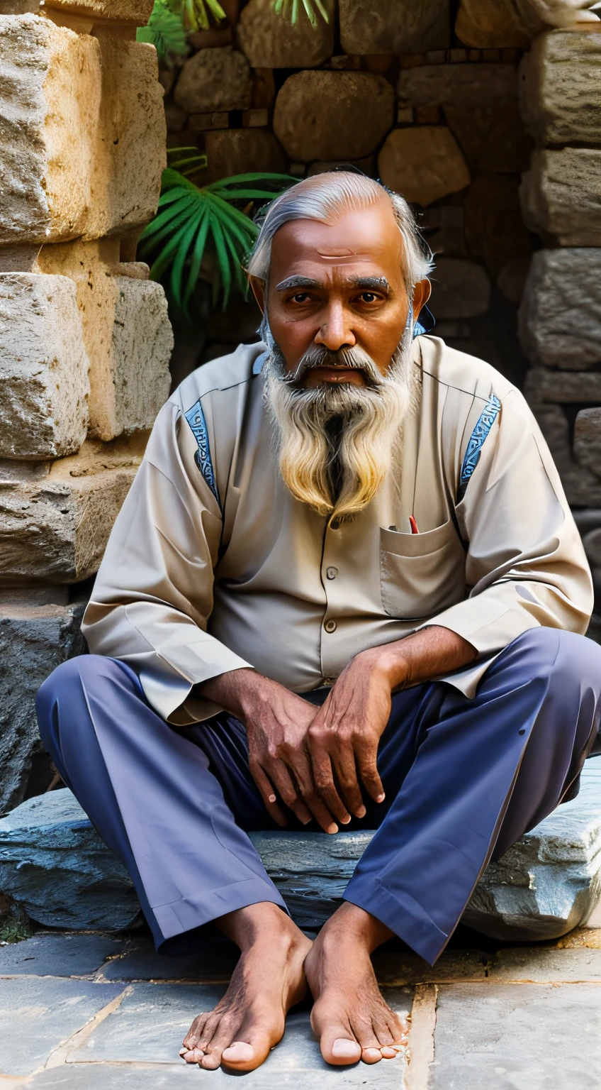 Bearded Indian wise old man with open blue eyes sitting on a large stone