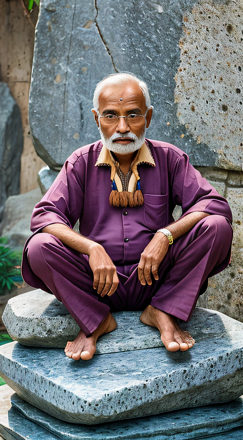 Wise old Indian man with open blue eyes sitting on a large stone