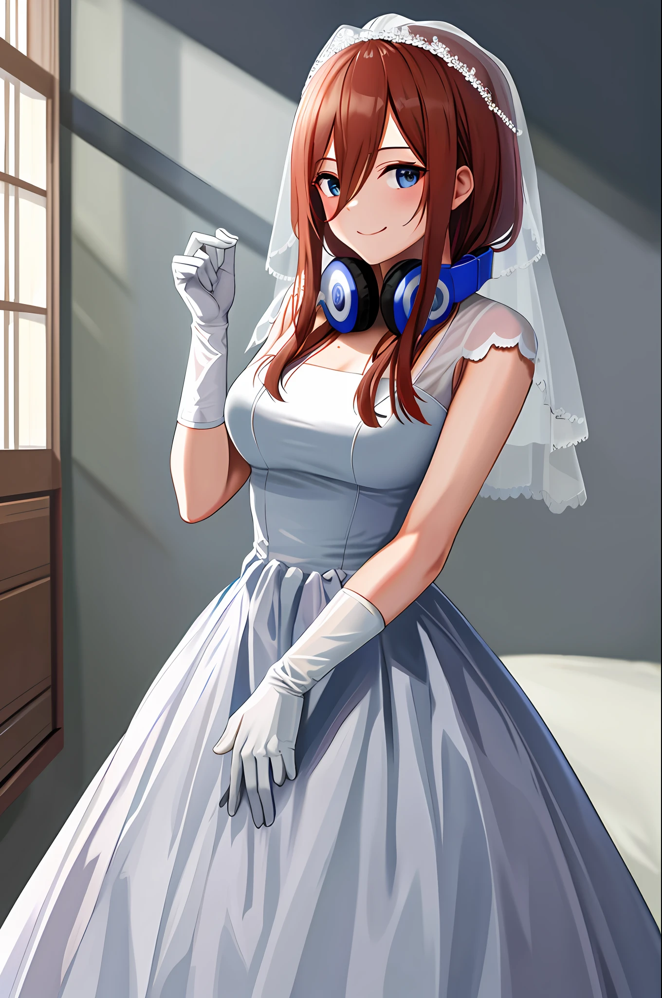 masterpiece, best quality, highres, nm1, headphones around neck, wedding dress, bridal veil, white gloves, cowboy shot, standing, smile