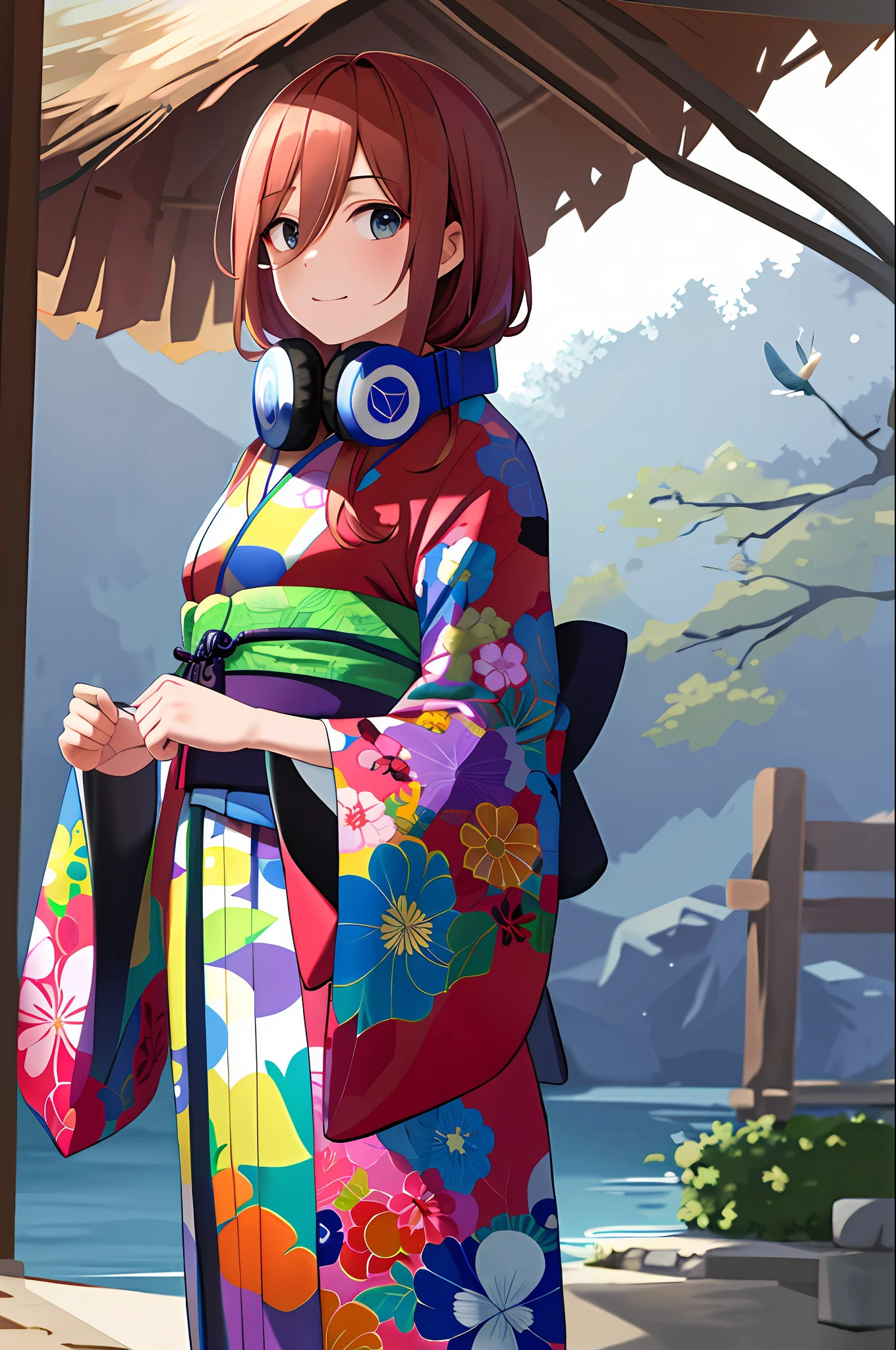 masterpiece, best quality, highres, nm1, headphones around neck, kimono, cowboy shot, standing,