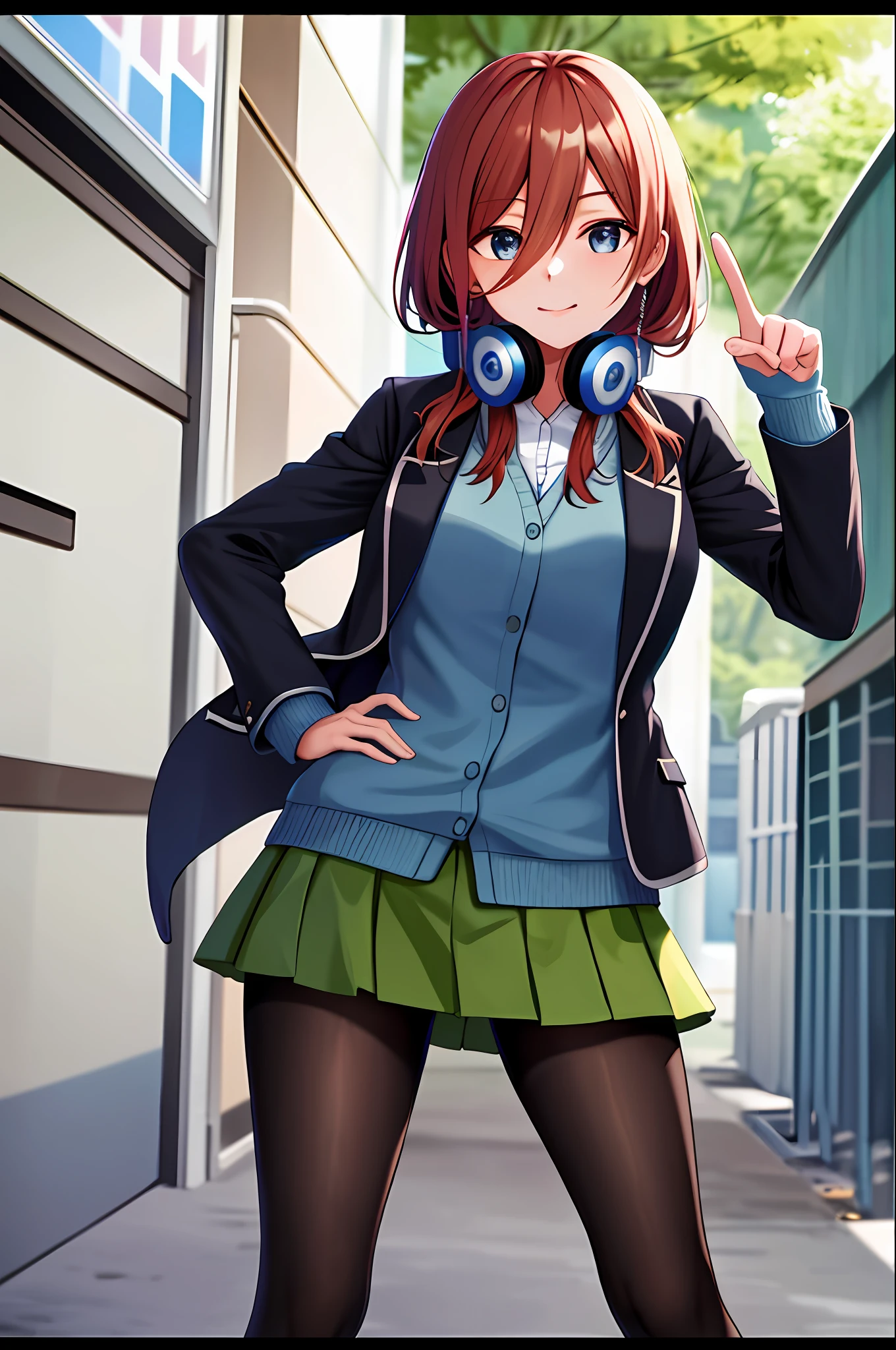 masterpiece, best quality, highres, nm1, headphones around neck, school uniform, long sleeves, blue cardigan, green skirt, pantyhose, black jacket, open jacket, cowboy shot, pointing at viewer, hand on hip, outdoors,