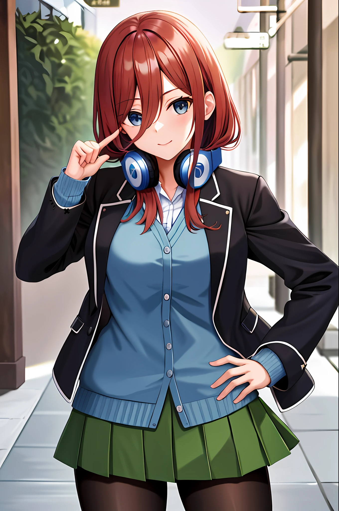 masterpiece, best quality, highres, nm1, headphones around neck, school uniform, long sleeves, blue cardigan, green skirt, pantyhose, black jacket, open jacket, cowboy shot, pointing at viewer, hand on hip, outdoors,
