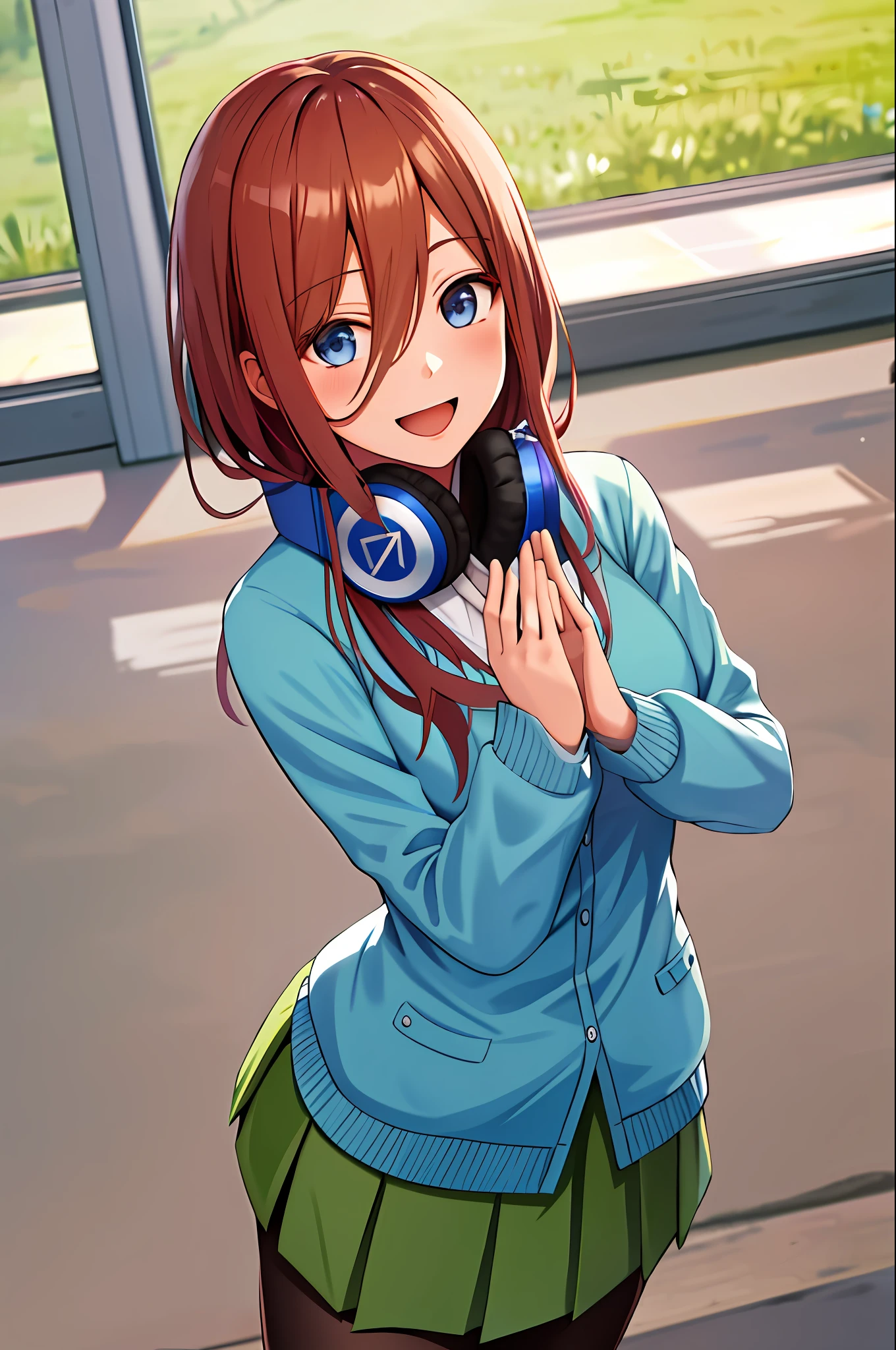 masterpiece, best quality, highres, nm1, headphones around neck, school uniform, long sleeves, blue cardigan, green skirt, pantyhose, cowboy shot, smile, open mouth, own hands together, field